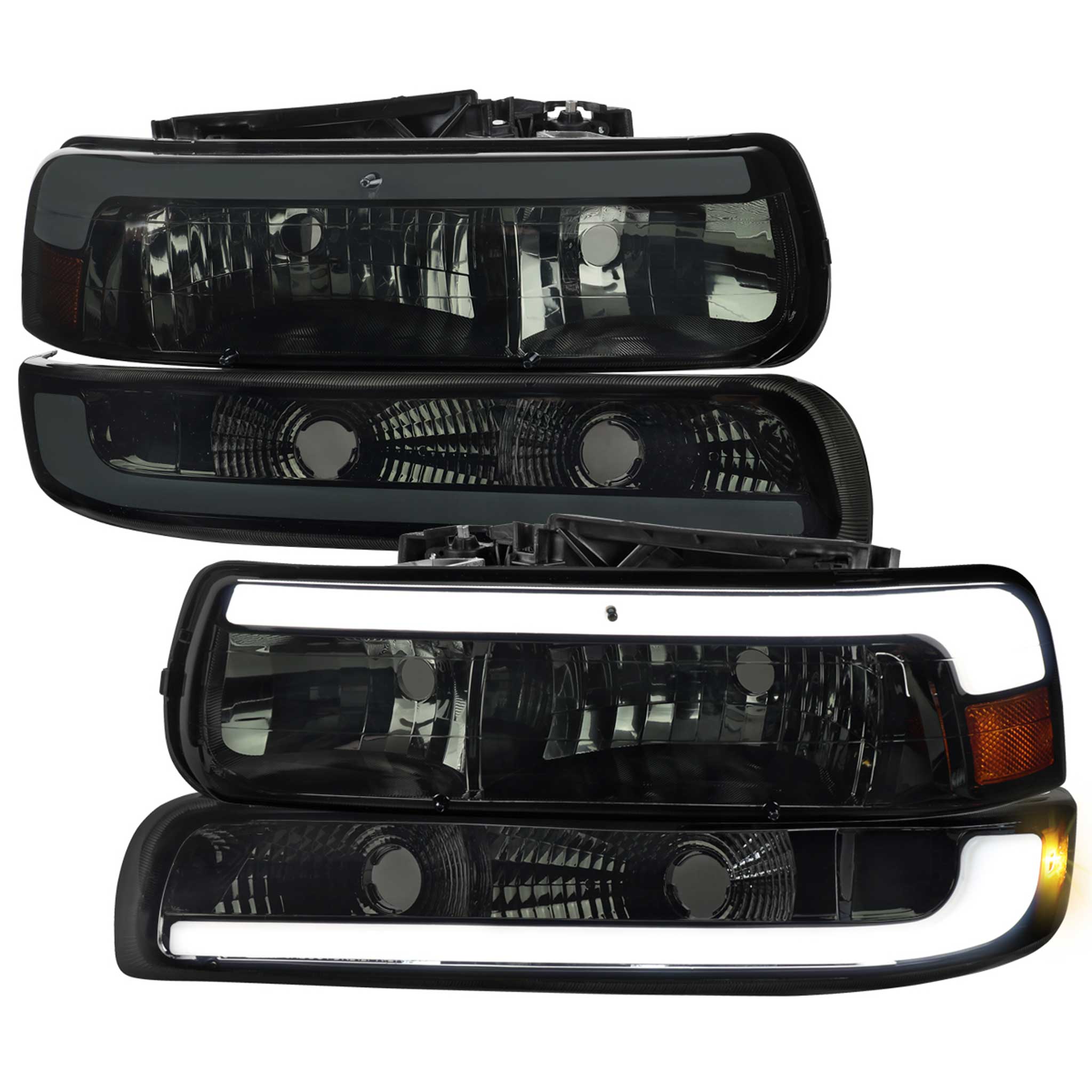 For Chevrolet Silverado Tahoe Suburban 1999-2002 LED Bar Style Headlights Bumper Light Chrome Housing Smoked Lens