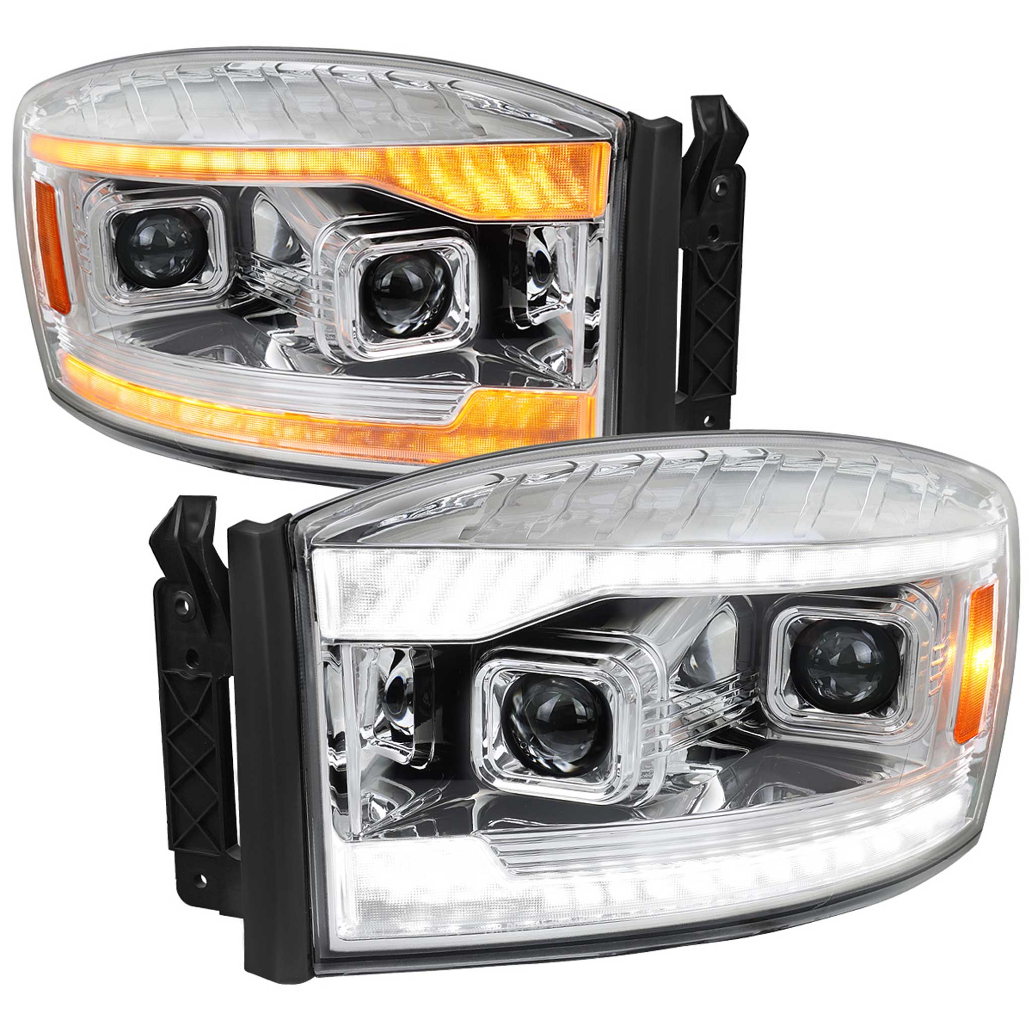 For Dodge RAM 1500 2006-08 / RAM 2500 3500 2006-09 Headlights Switchback LED Strips Turn Signals DRL Chrome Housing Lens