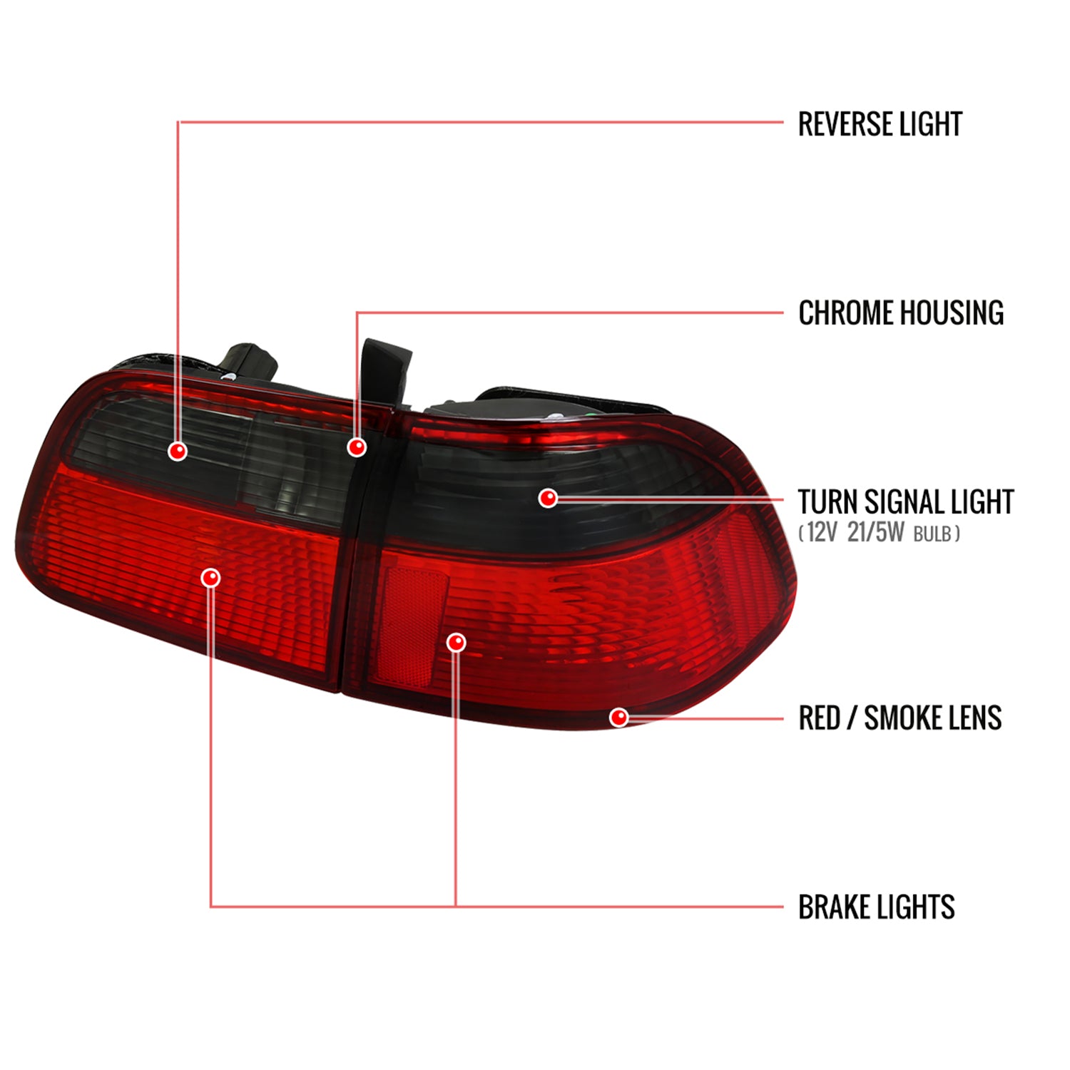 1999-2000 Honda Civic Sedan Tail Lights Chrome Housing/Red Smoke Lens