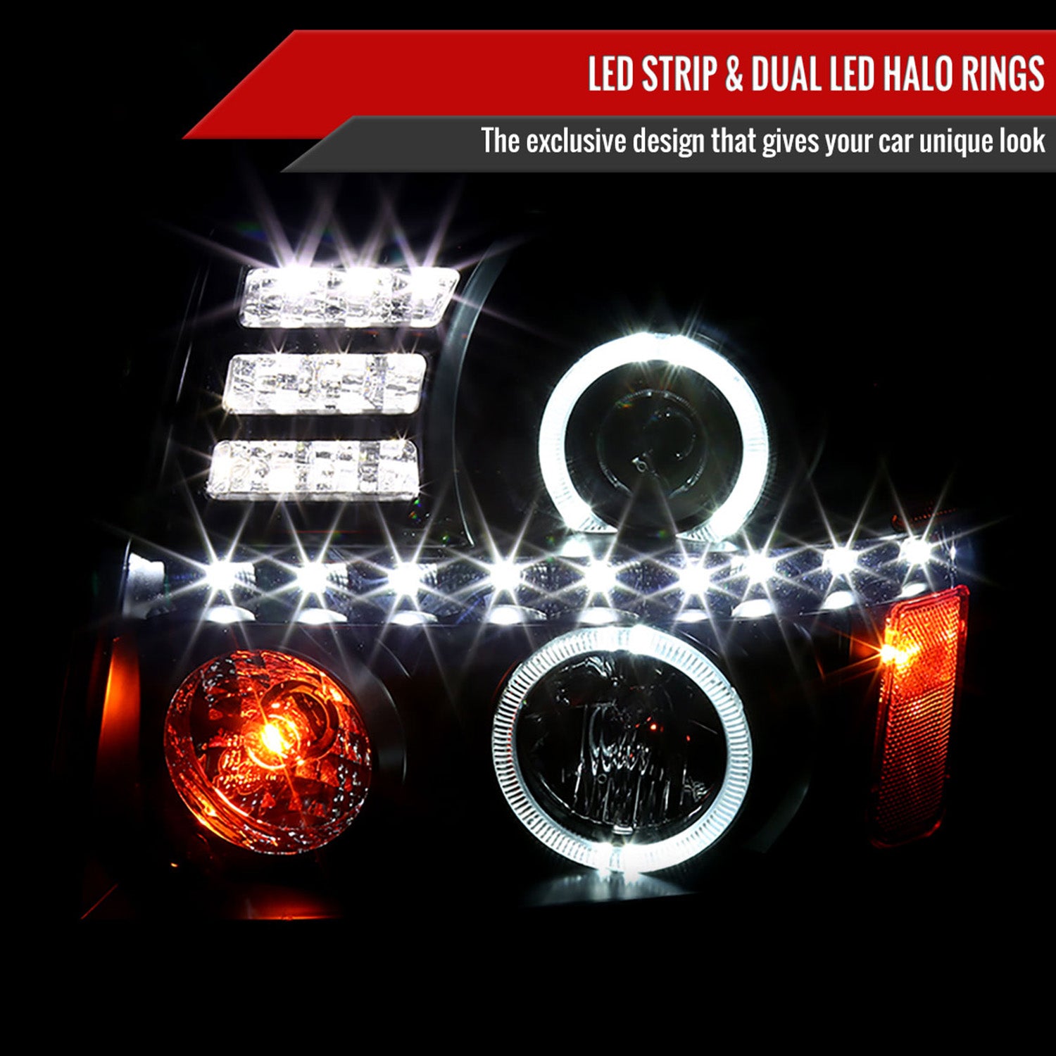2002-2006 Cadillac Escalade Dual Halo Projector Headlights SMD LED Light Smoke