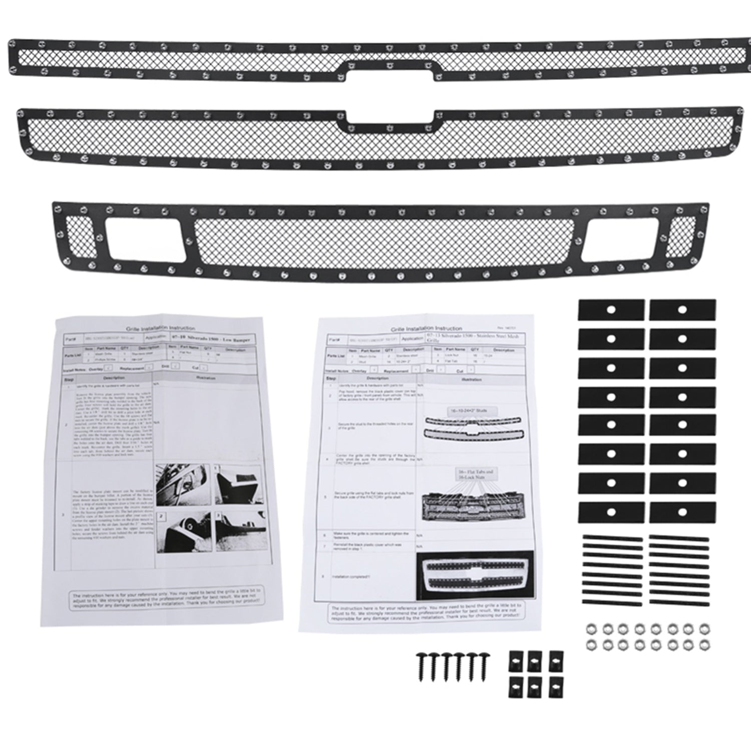 2007-2013 Chevy Silverado 1500/1500HD Rivet Black Steel 3PC Mesh Grille insert