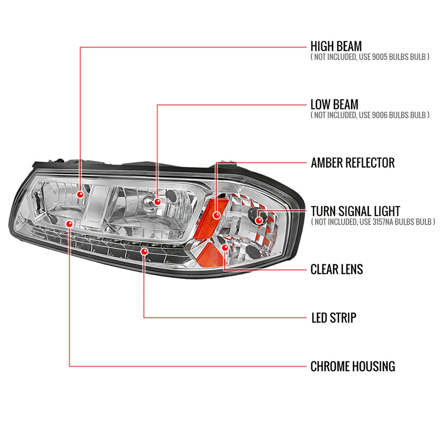 2000-2005 Chevy Impala Crystal Headlights w/ SMD LED Light Strip Chrome/Clear
