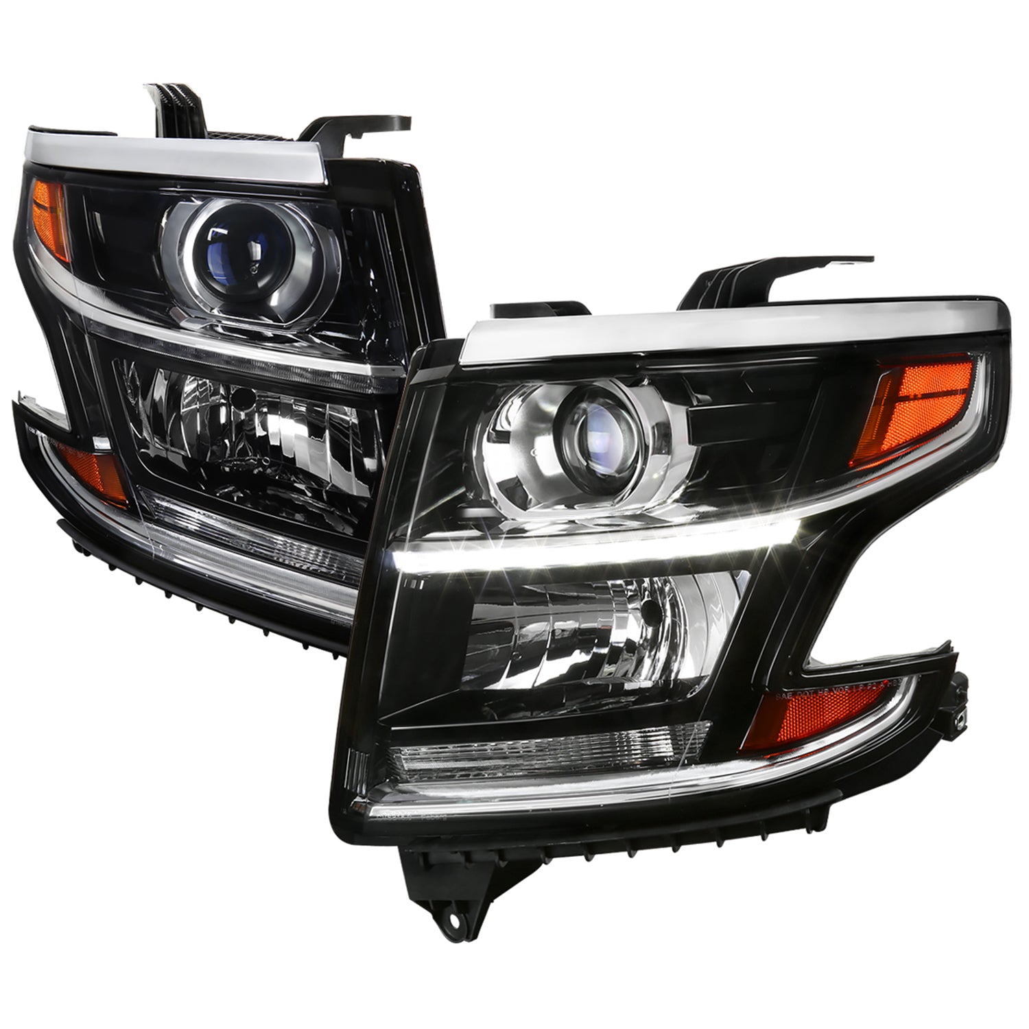2015-2020 Chevy Tahoe/Suburban LED Strip Projector Headlights Black/Clear Lens