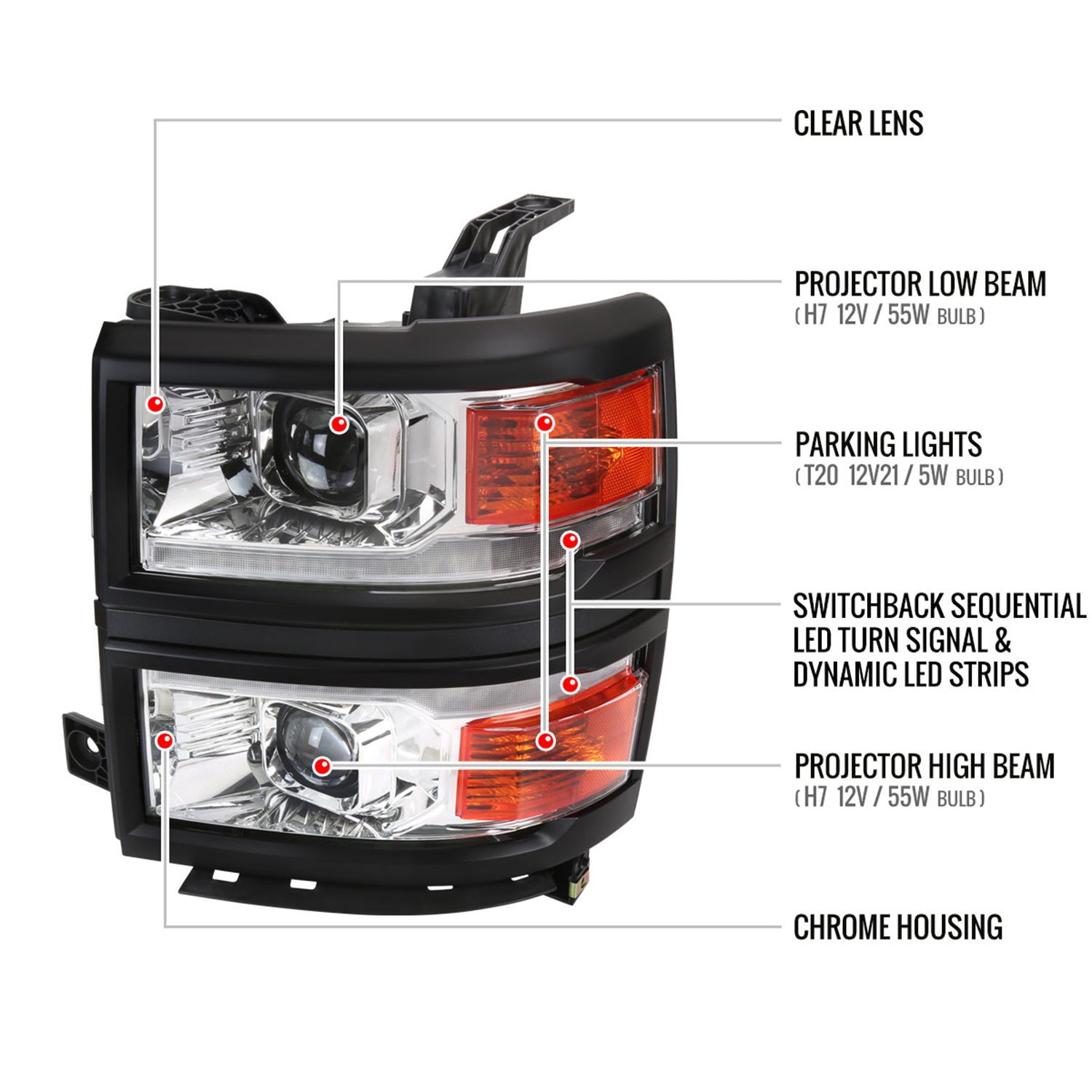 2014-2015 Chevy Silverado 1500 LED Bar Projector Headlights Chrome/Black Trim