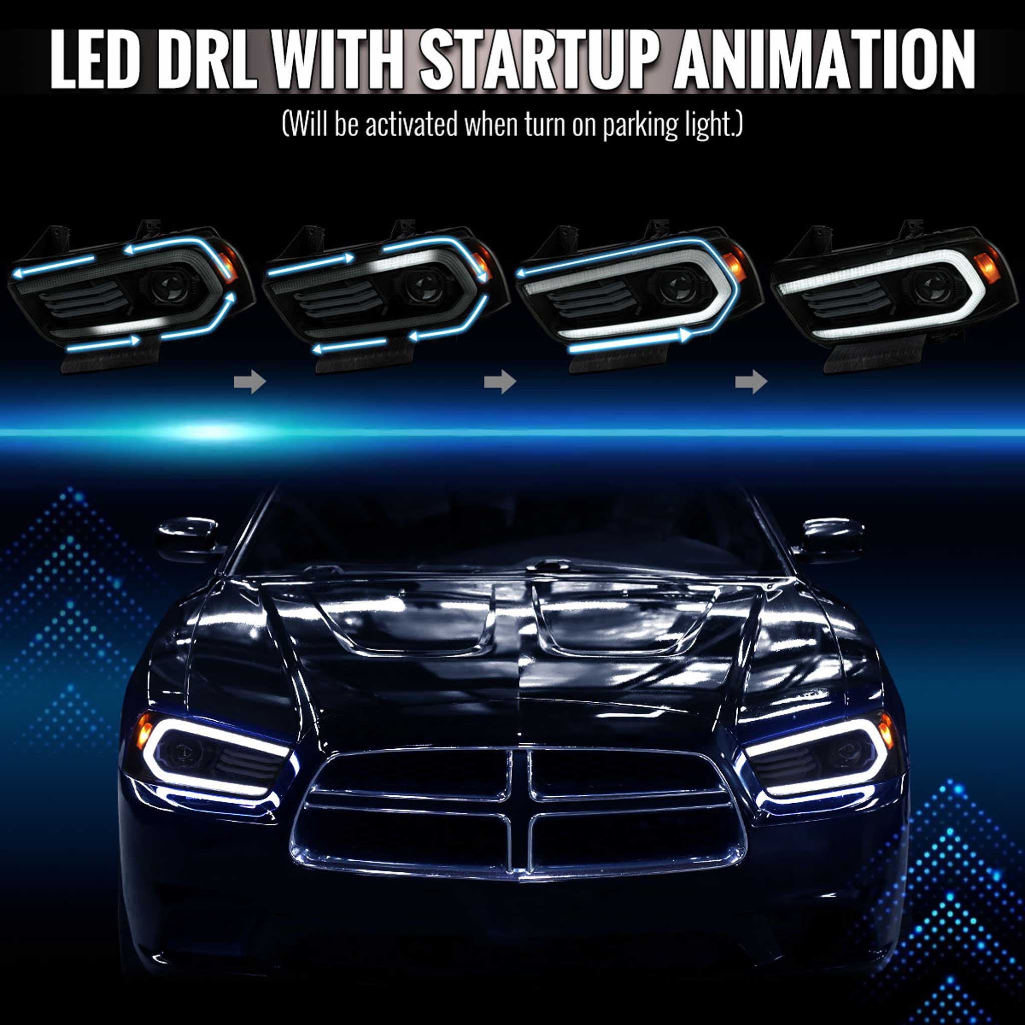 For Dodge Charger 2011-2014 Headlights LED DRL Light Strip Turn Signal Side Marker Black Housing Smoked Lens