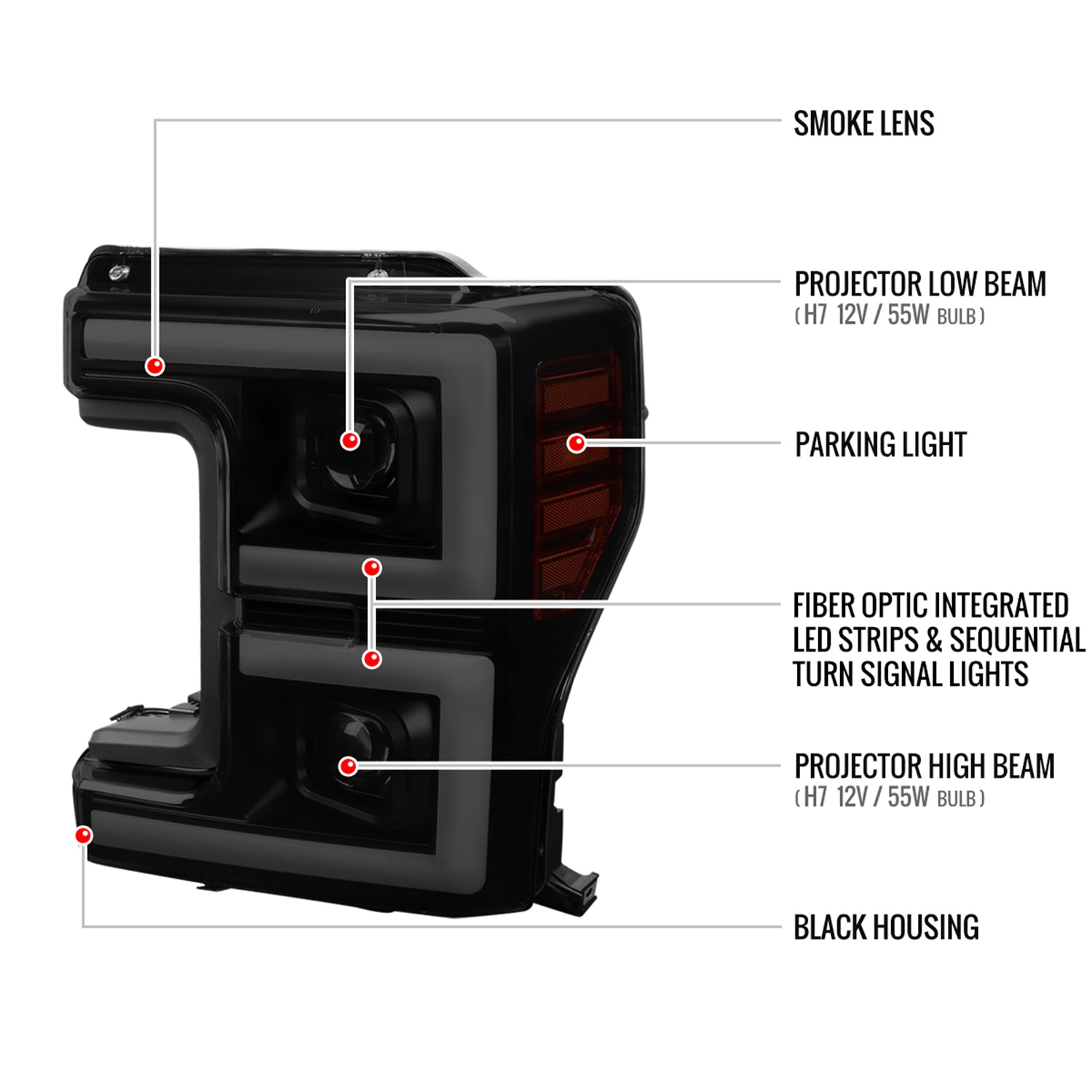 2017-2019 Ford F-250 F-350 F-450 F550 LED C-Bar Headlights Signal Glossy Black