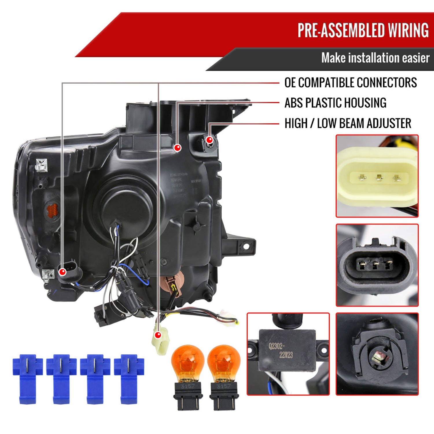 2009-2014 Ford F-150 LED Strip Projector Headlights Chrome/Smoke Lens