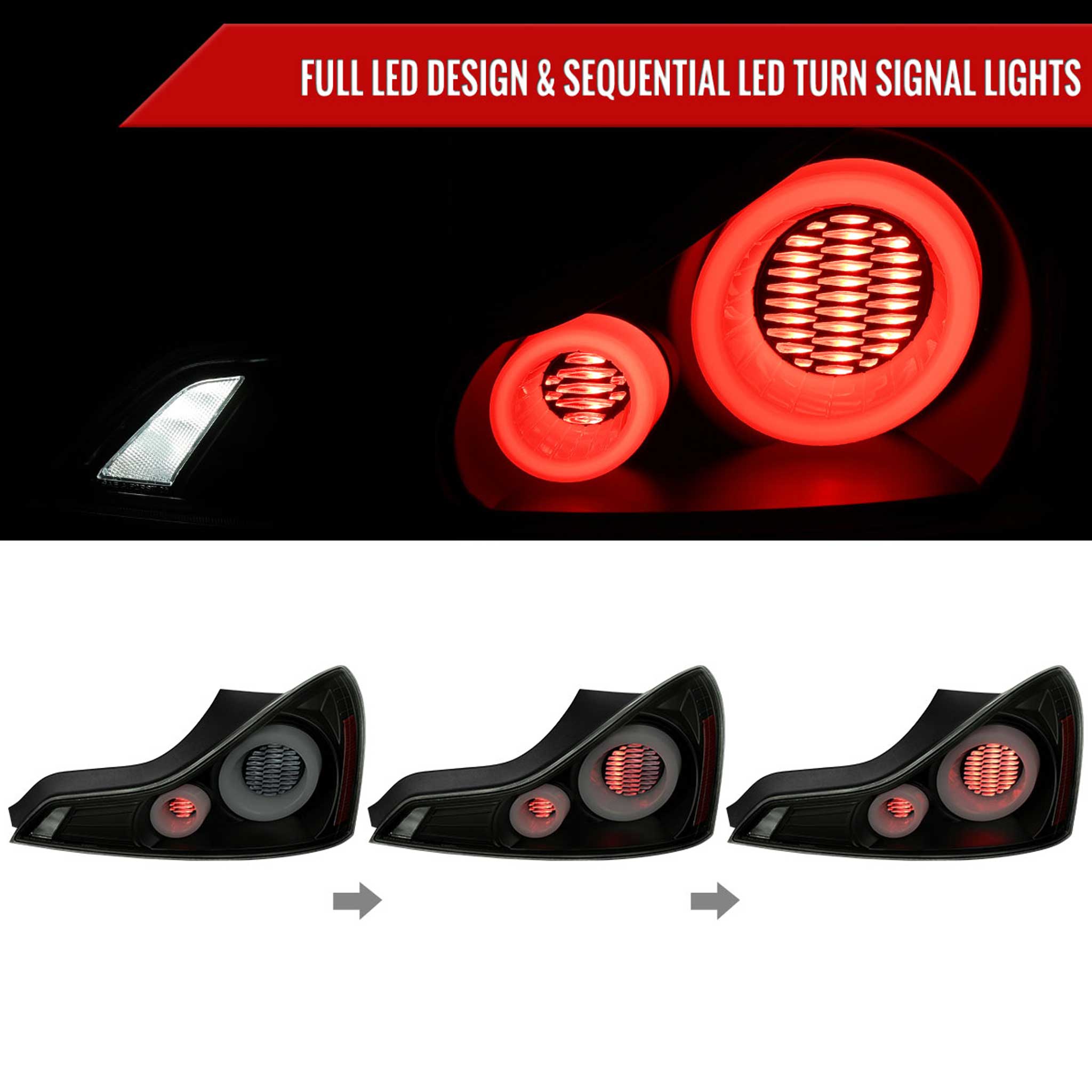 For Infiniti G37 2008-13 / Q60 Coupe 2014-15 LED Tail Lights Switchback Sequential Turn Signals Black Housing Smoked Lens