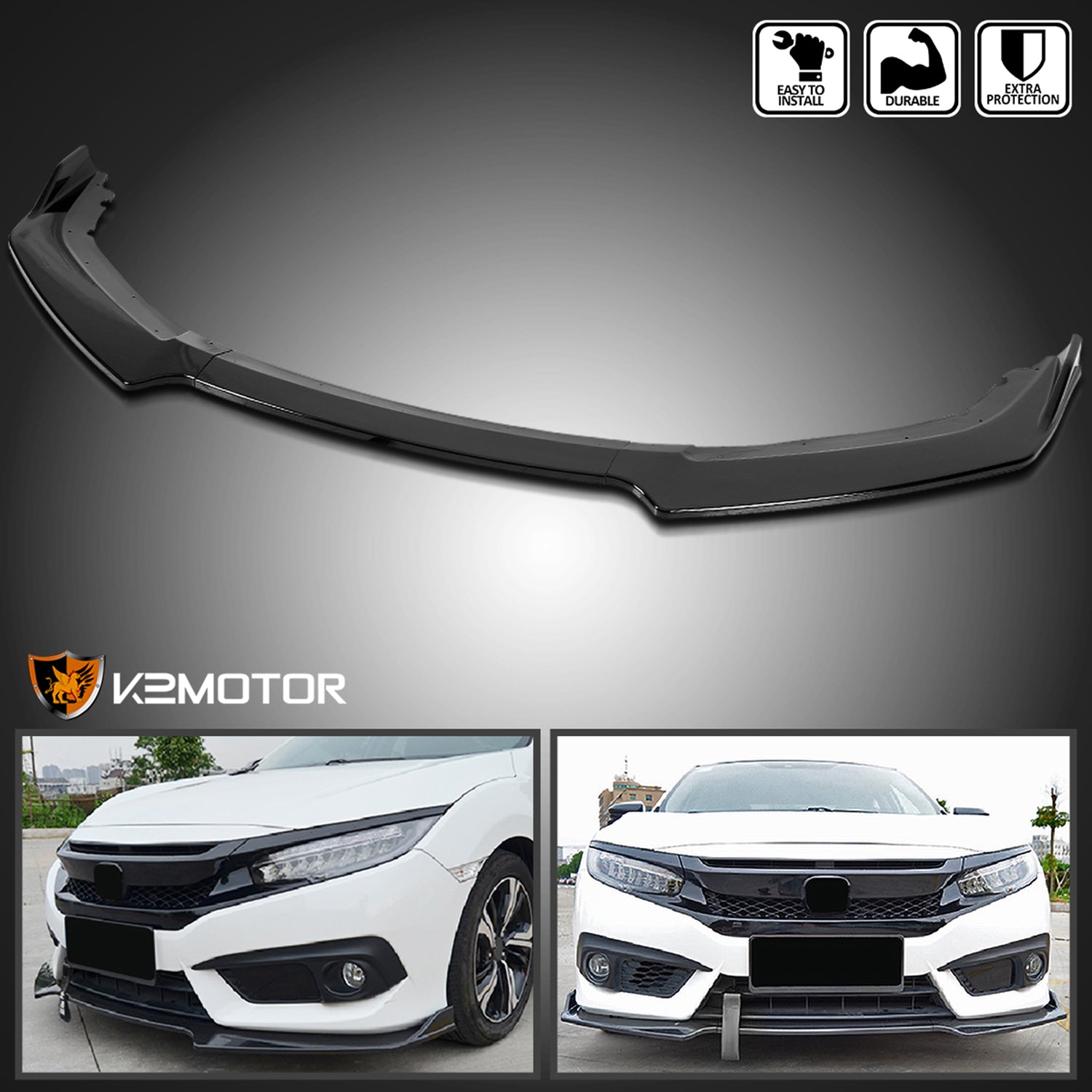 2016-2018 Honda Civic Sedan Glossy Black Polypropylene 3Pcs Bumper Lip