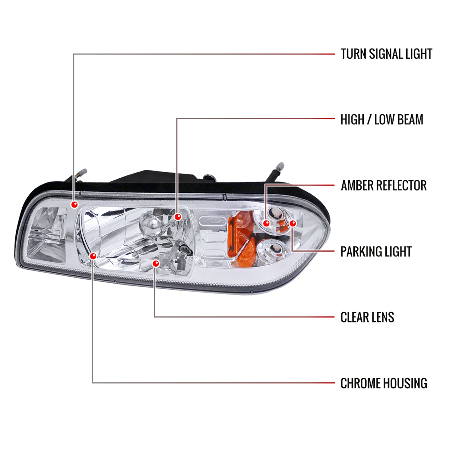 1987-1993 Ford Mustang Crystal Headlights Chrome Housing/Clear Lens