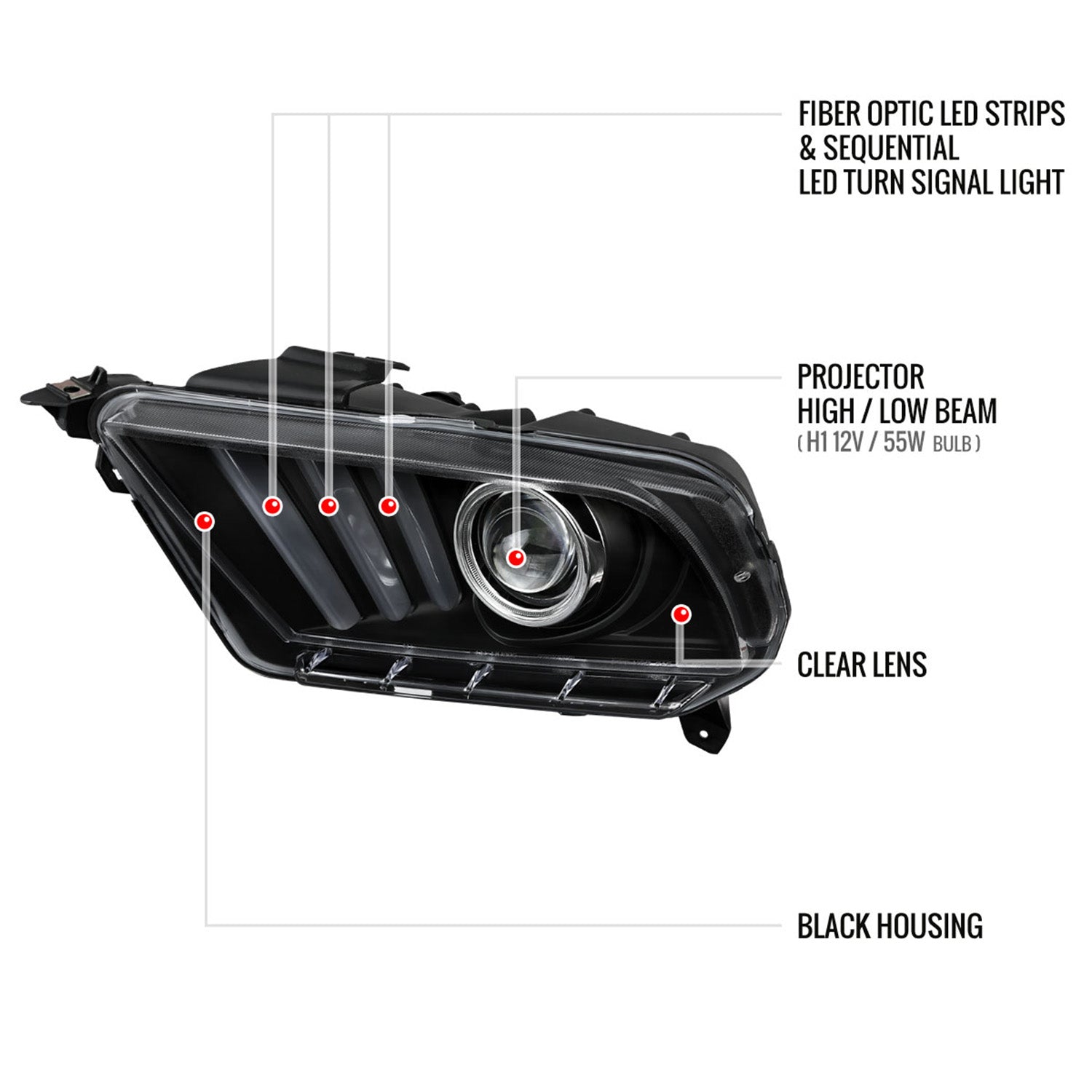 2010-2014 Ford Mustang LED Bar Projector Headlights Turn Signal Lights Black