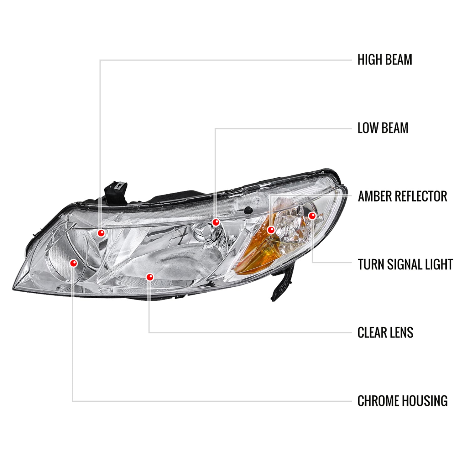 2006-2011 Honda Civic Sedan Crystal Headlights Chrome Housing/Clear Lens