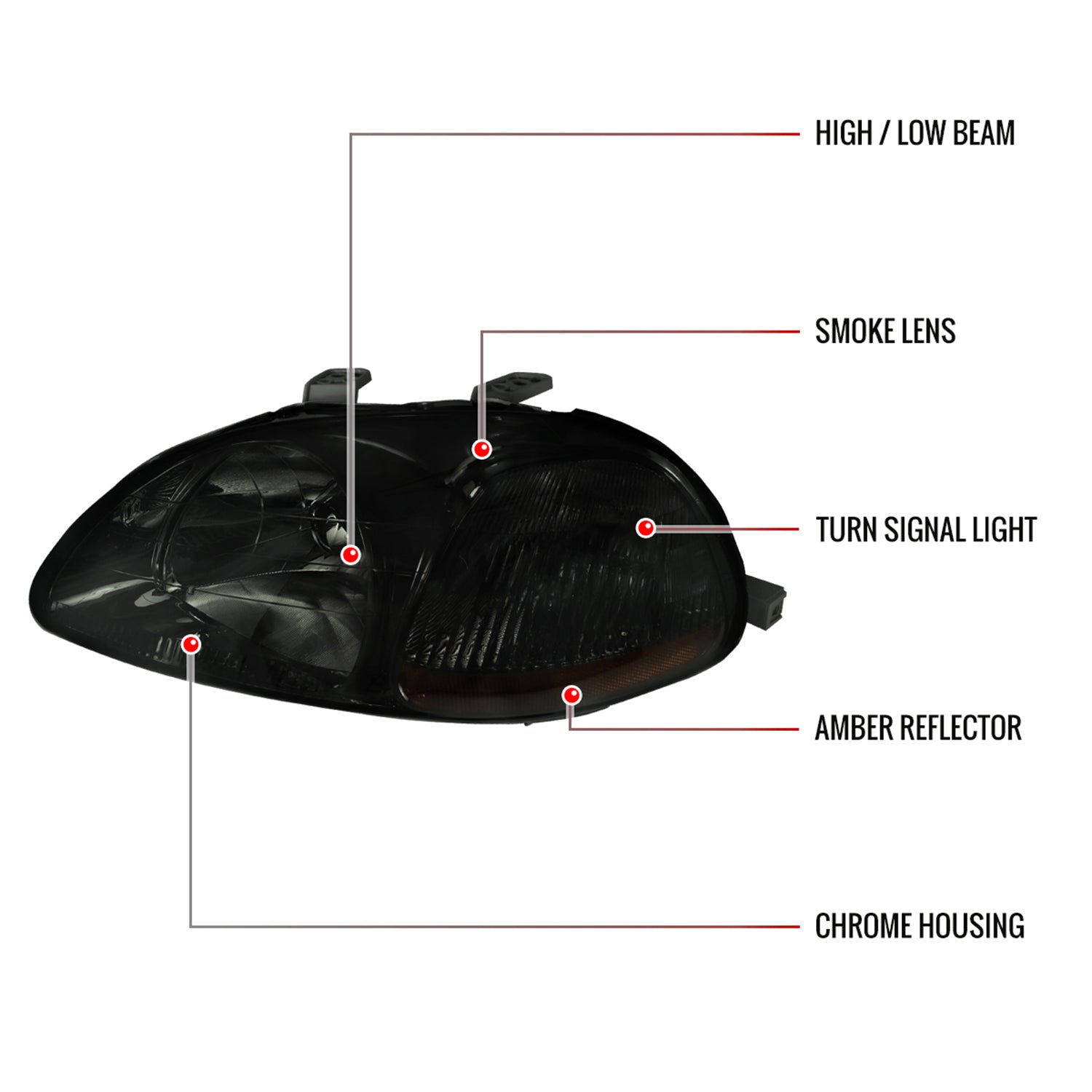 1996-1998 Honda Civic Crystal Headlights Chrome Housing/Smoke Lens