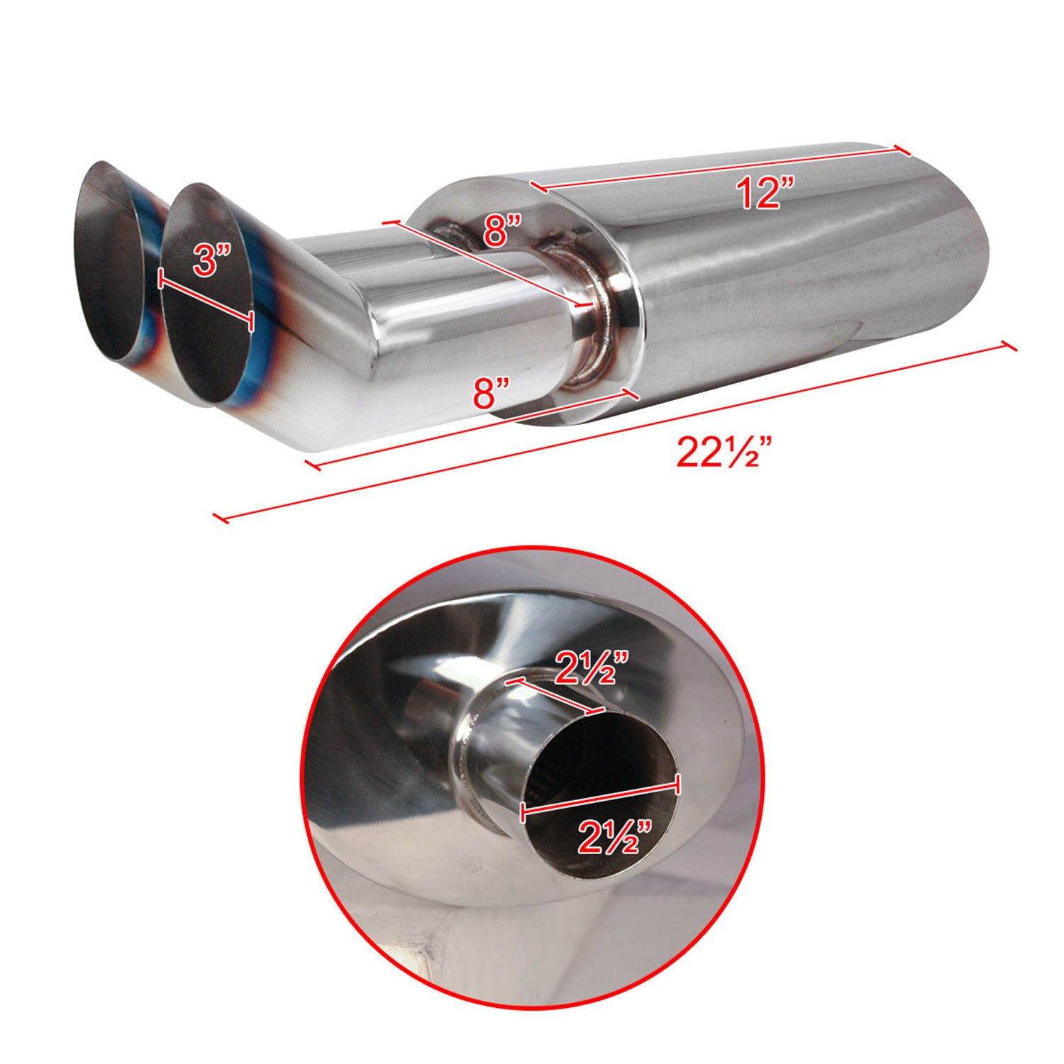 Universal DTM Style 2.5" Inlet/3" Outlet Steel Exhaust Muffler w/Dual Burnt Tips