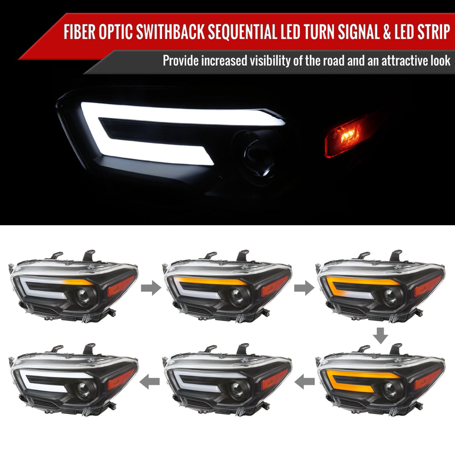 2016-2023 Toyota Tacoma Sequential LED Bar Projector Headlights Matt Black
