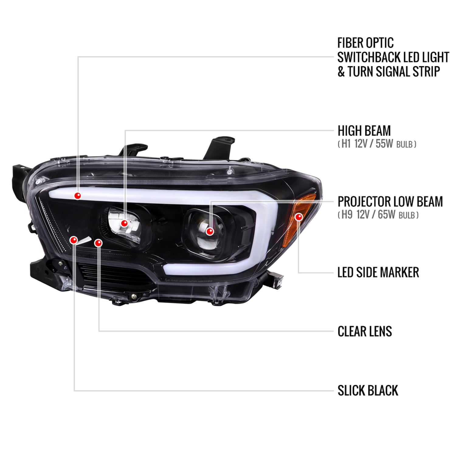 2016-2023 Toyota Tacoma Switchback LED C-Bar Projector Headlights Glossy Black