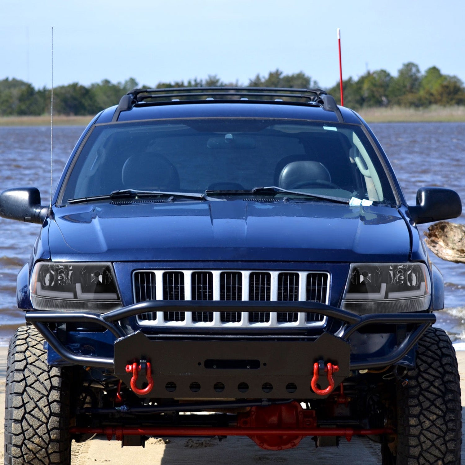 1999-2004 Jeep Grand Cherokee Factory Dual LED Bar Headlights Matt Black/Clear