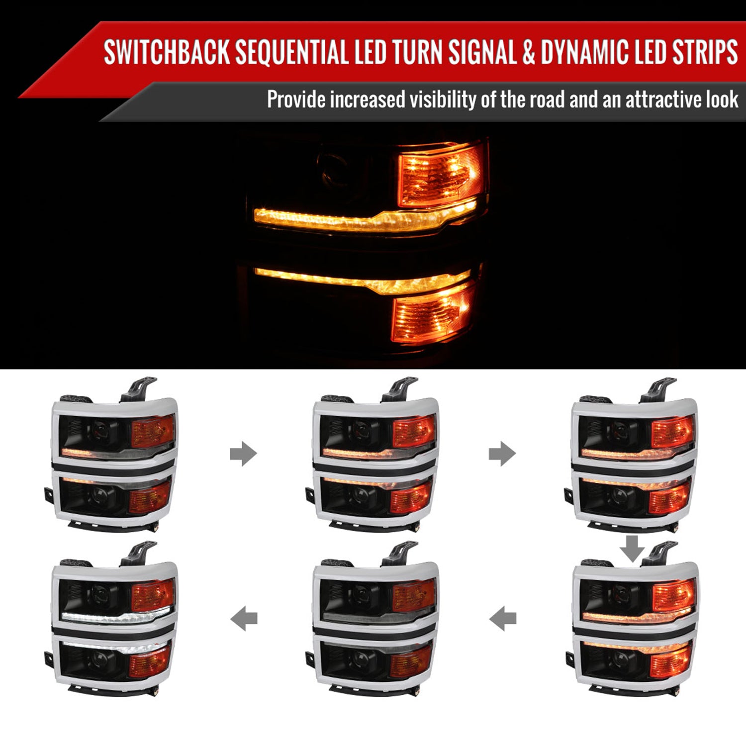 2014-2015 Chevy Silverado 1500 LED Bar Projector Headlights Smoke/Chrome Trim