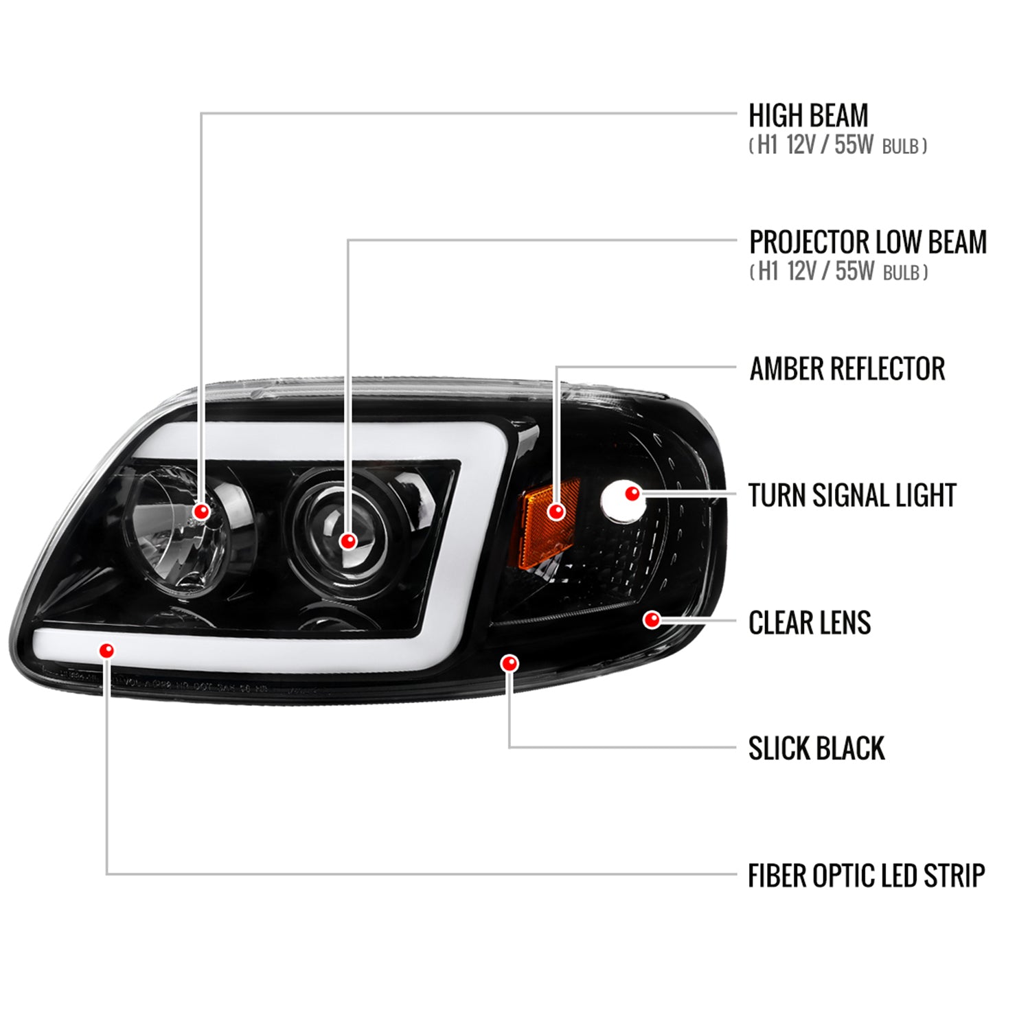 1997-2004 Ford F-150 / 1997-2002 Expedition LED CBar Projector Headlights Black