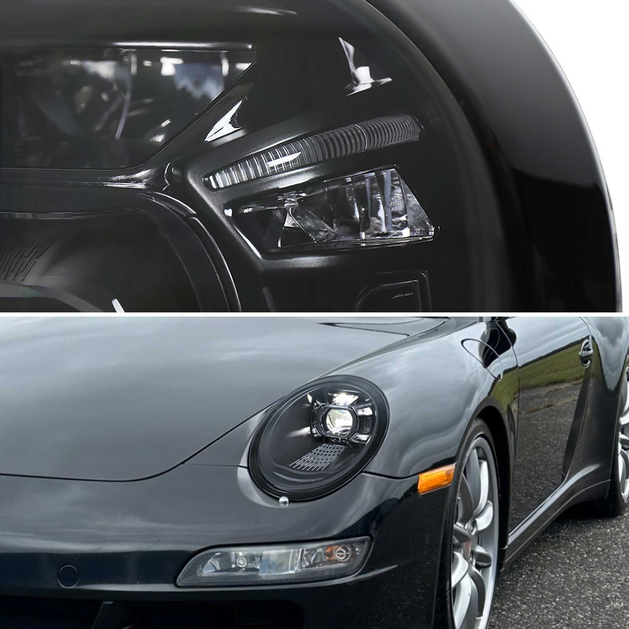For Porsche 911 997.1 2005-2008 LED Projector DRL Headlights Matte Black Housing Glossy Black Accents Clear Lens