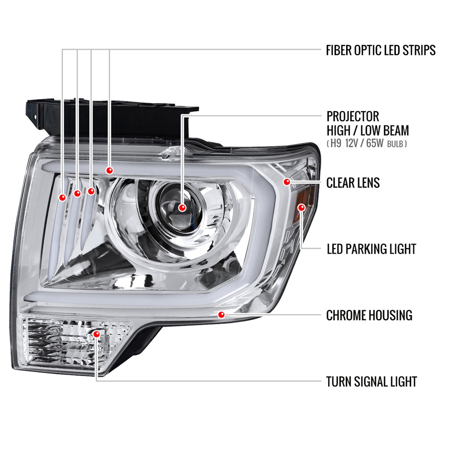 2009-2014 Ford F-150 LED C-Bar Projector Headlights Chrome/Clear Lens