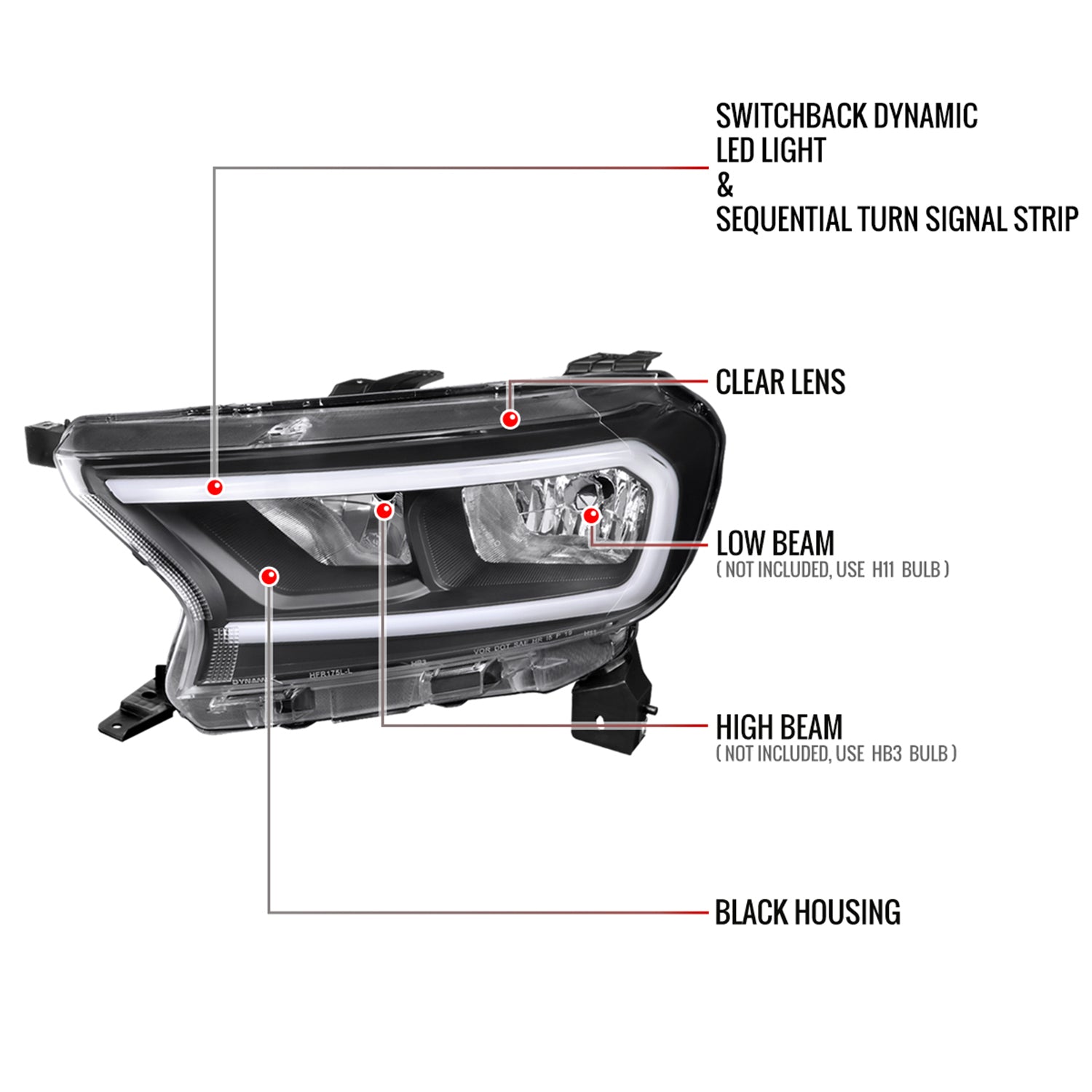 2019-2023 Ford Ranger XL XLT Factory Replacement Headlights LED Signal Black