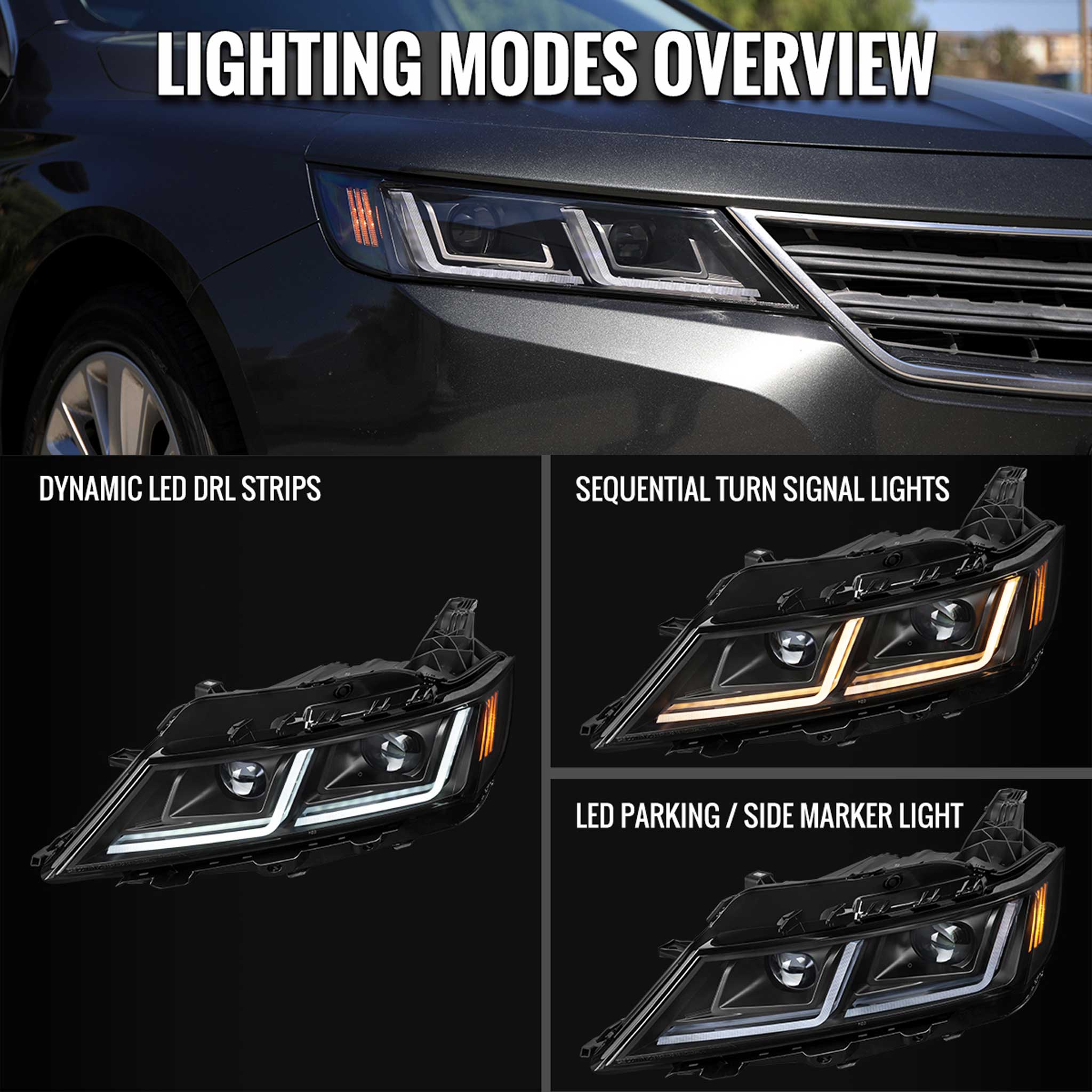 For Chevrolet Impala 2014-2020 LED DRL Sequential Projector Headlights Matte Black Housing Clear Lens