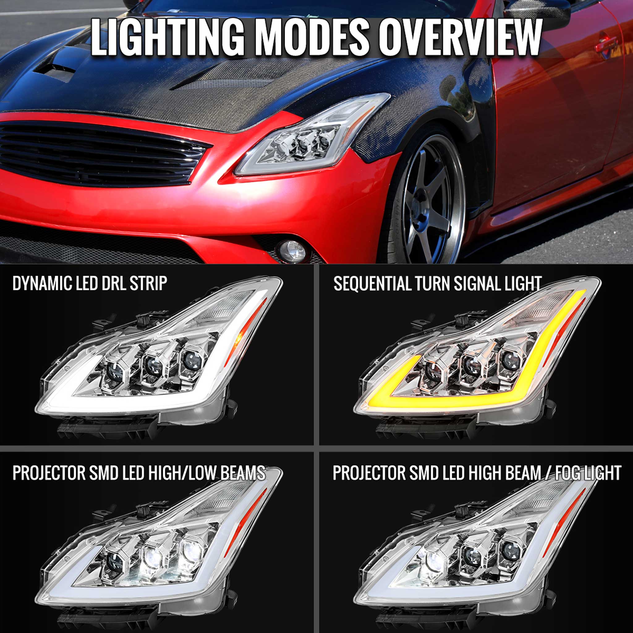 For Infiniti G37 2008-13 / Q60 Coupe 2014-15 LED Triple Projector Headlights Sequential Chrome Housing Clear Lens Switchback