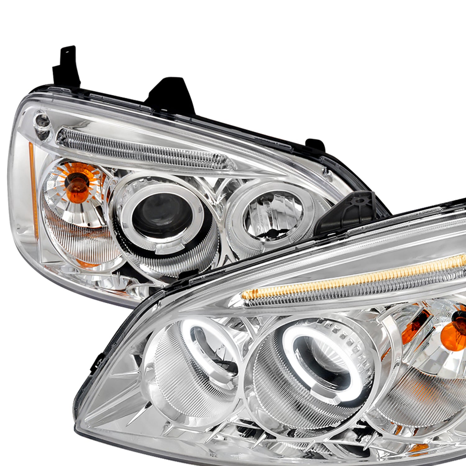 2001-2003 Honda Civic Dual Halo Projector Headlights Chrome/Clear Lens