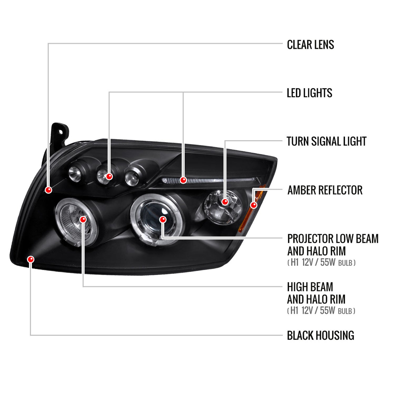 2007-2012 Dodge Caliber Dual Halo Projector Headlights Matte Black/Clear Lens