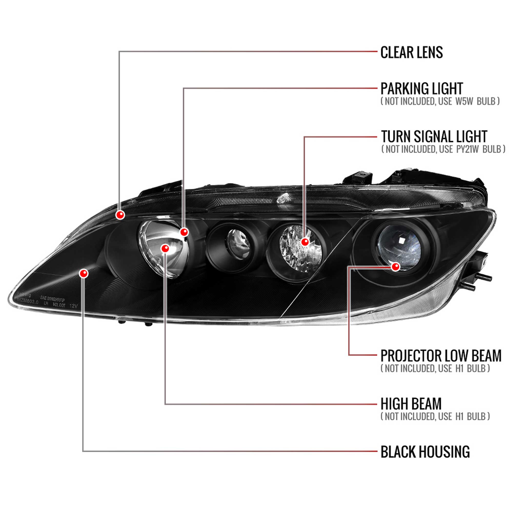For Mazda 6 2003-2005 Factory Style Projector Headlights Matte Black Housing Clear Lens