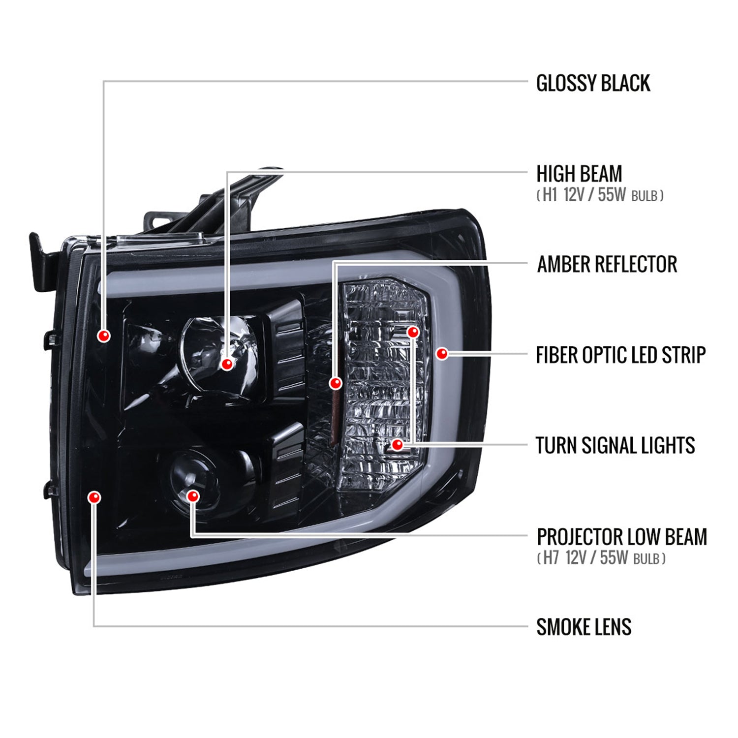 2007-2013 Chevy Silverado 1500/2500HD 3500HD LED C-Bar Headlights Glossy Black