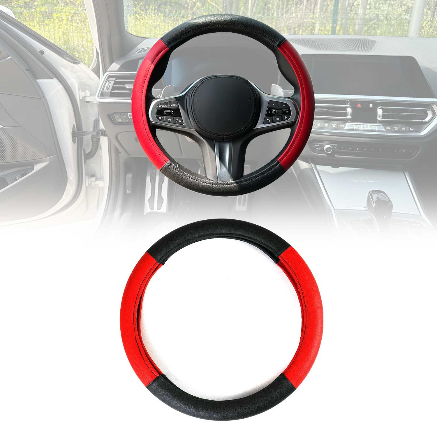 14.5-15.5’’ Steering Wheel Cover Red Black Leather Anti-slip Breathable