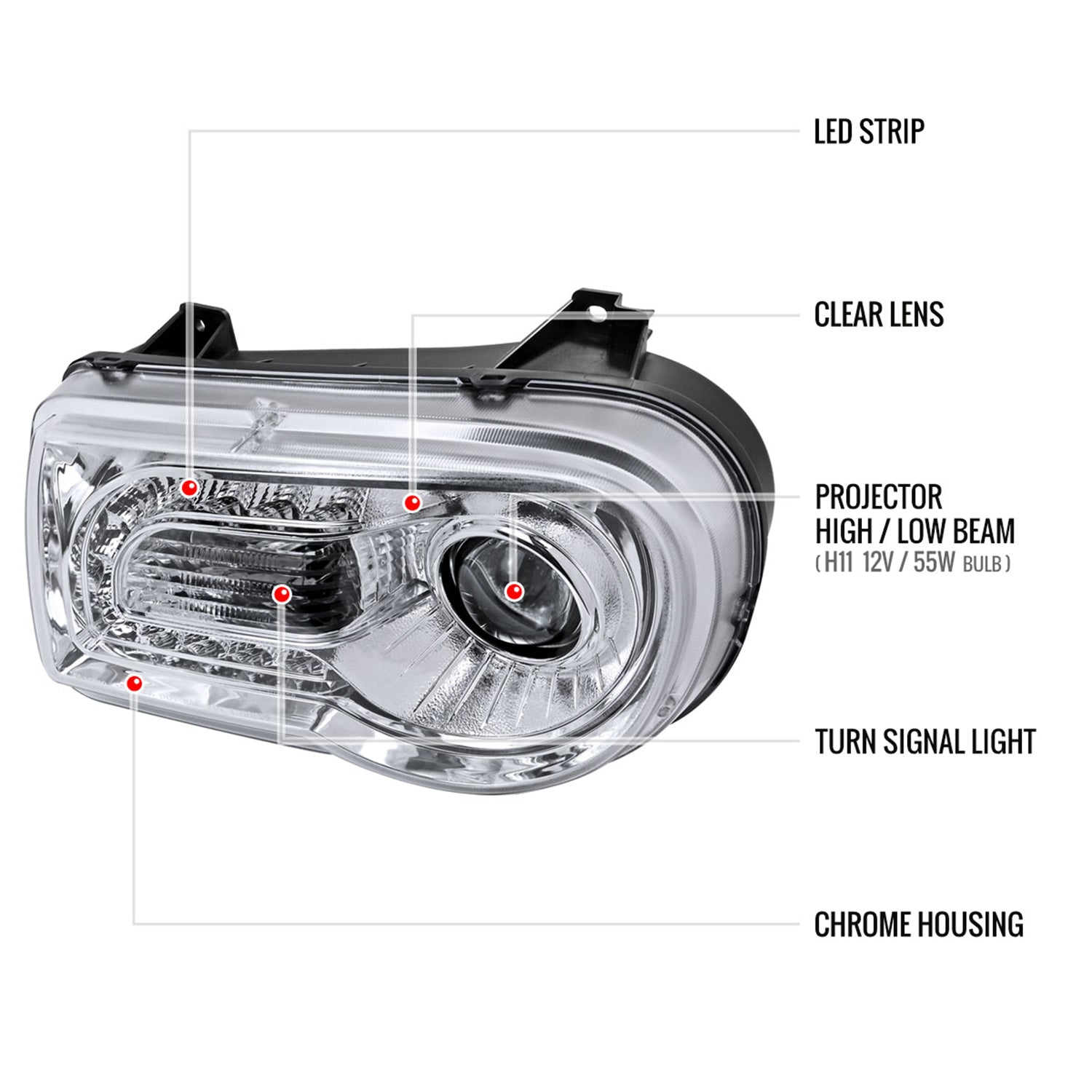 2005-2010 Chrysler 300 Projector Headlights w/ LED Light Strip Chrome/Clear