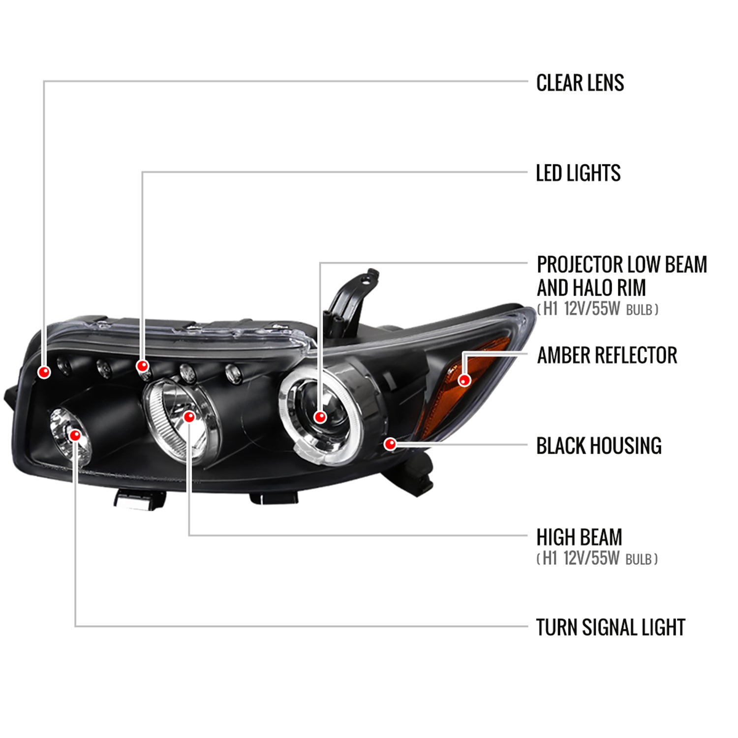 2008-2010 Scion xB Single Halo Projector Headlights Matte Black/Clear Lens