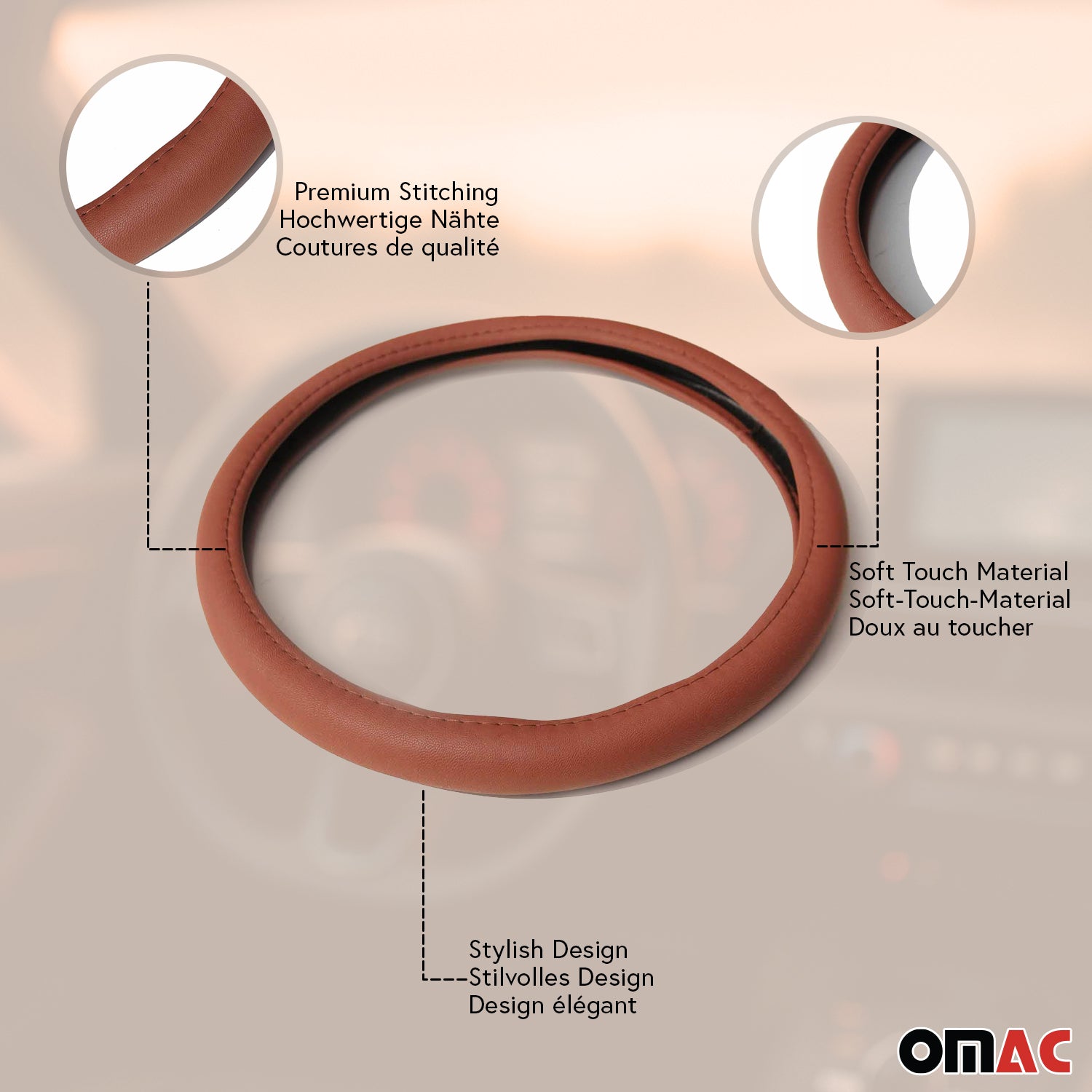 14.5-15.5’’ Steering Wheel Cover Premium Brown PU Leather Anti-slip Breathable