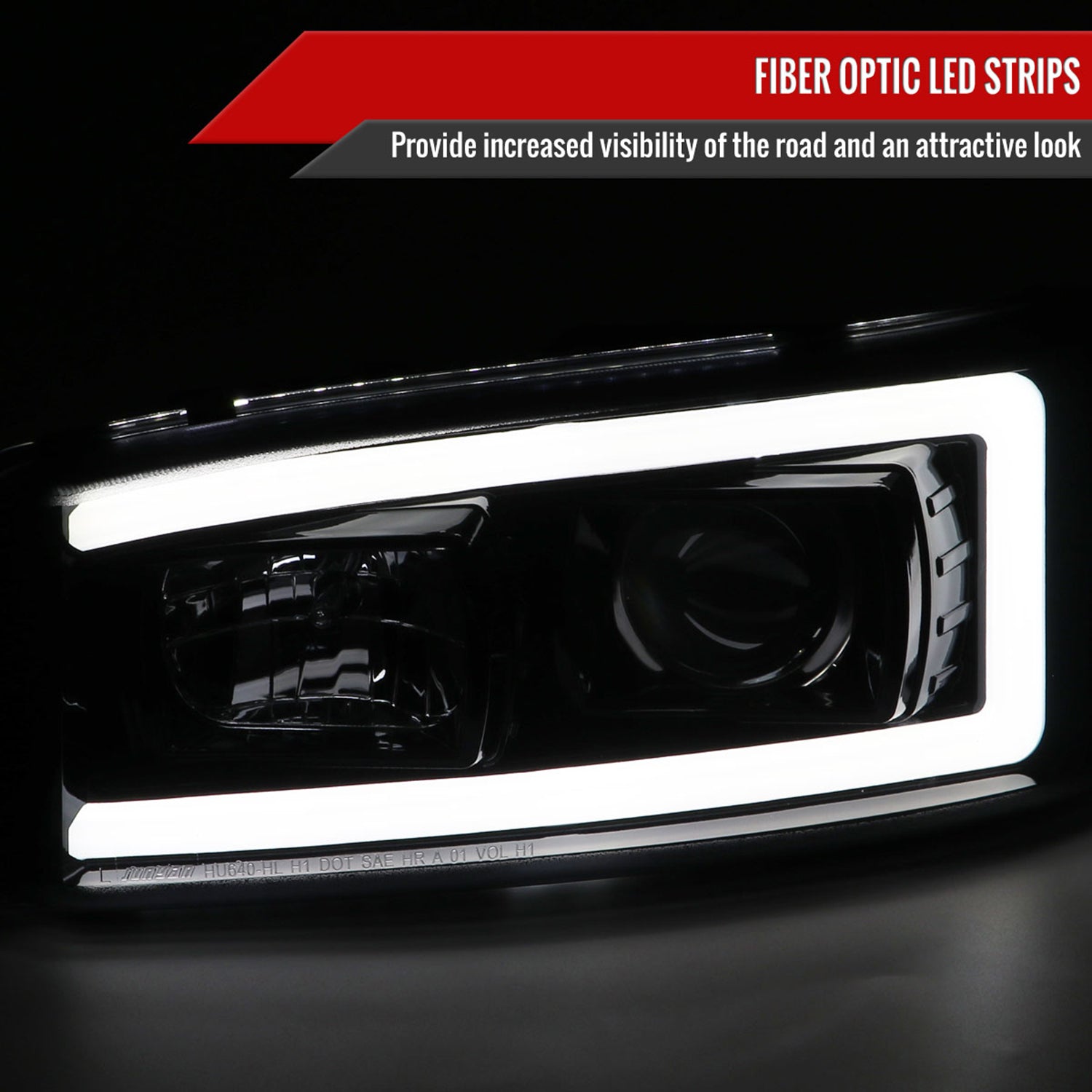 2000-2006 GMC Sierra/Denali/Yukon LED Strip Projector Headlights Black/Smoke
