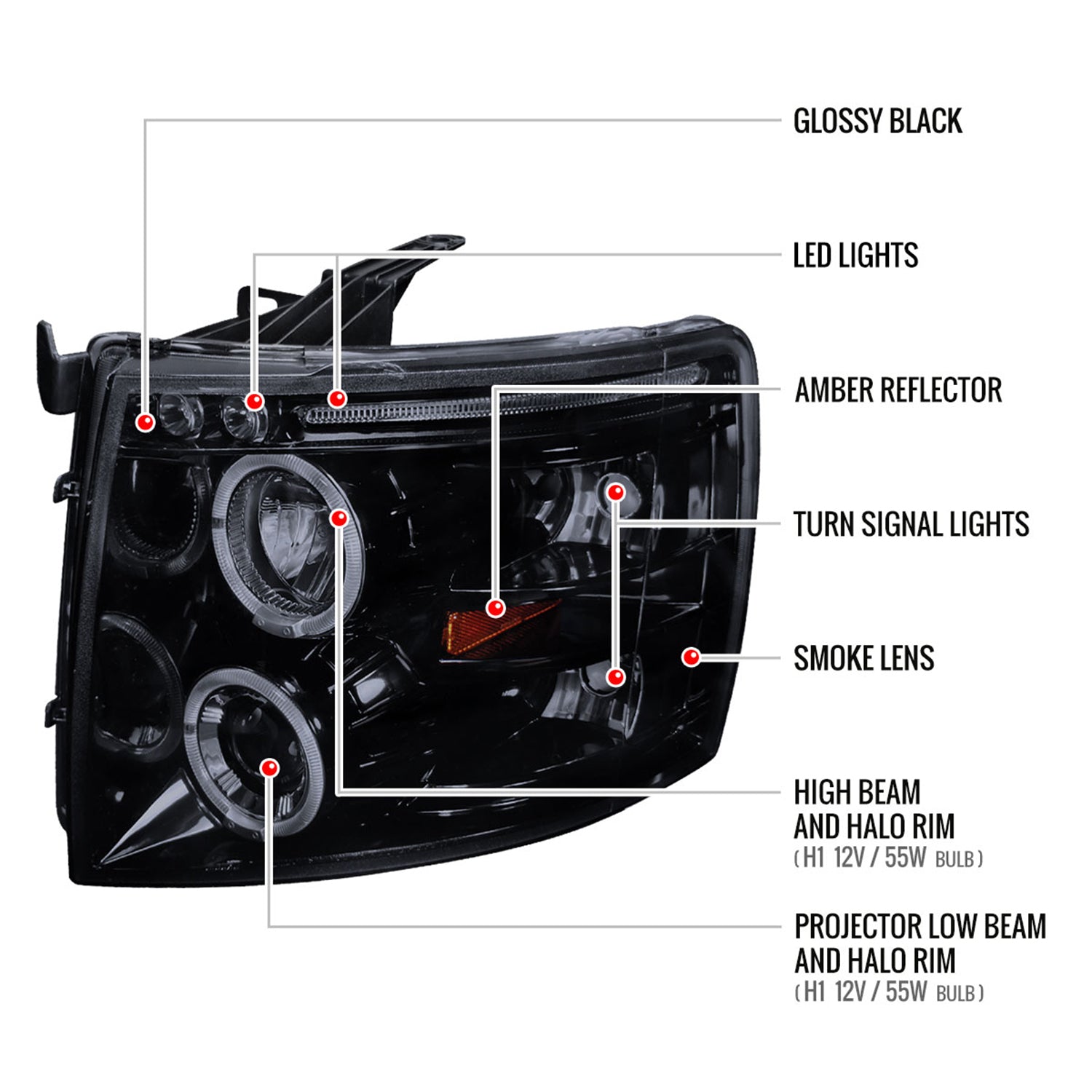 2007-2013 Chevy Silverado 1500 2500HD 3500HD Dual Halo Headlights Black