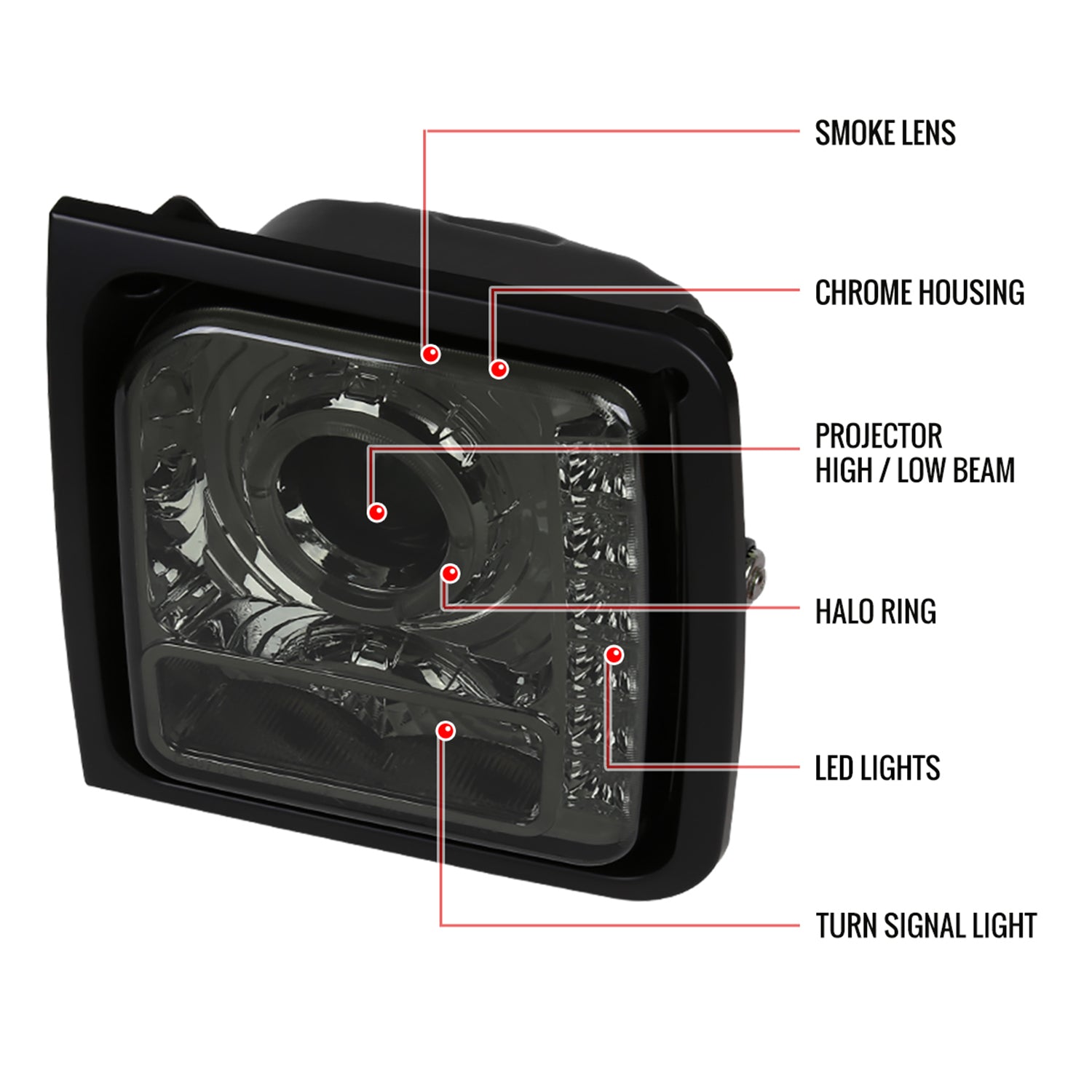 1997-2001 Jeep Cherokee Halo Projector Headlights SMD LED Light Chrome/Smoke