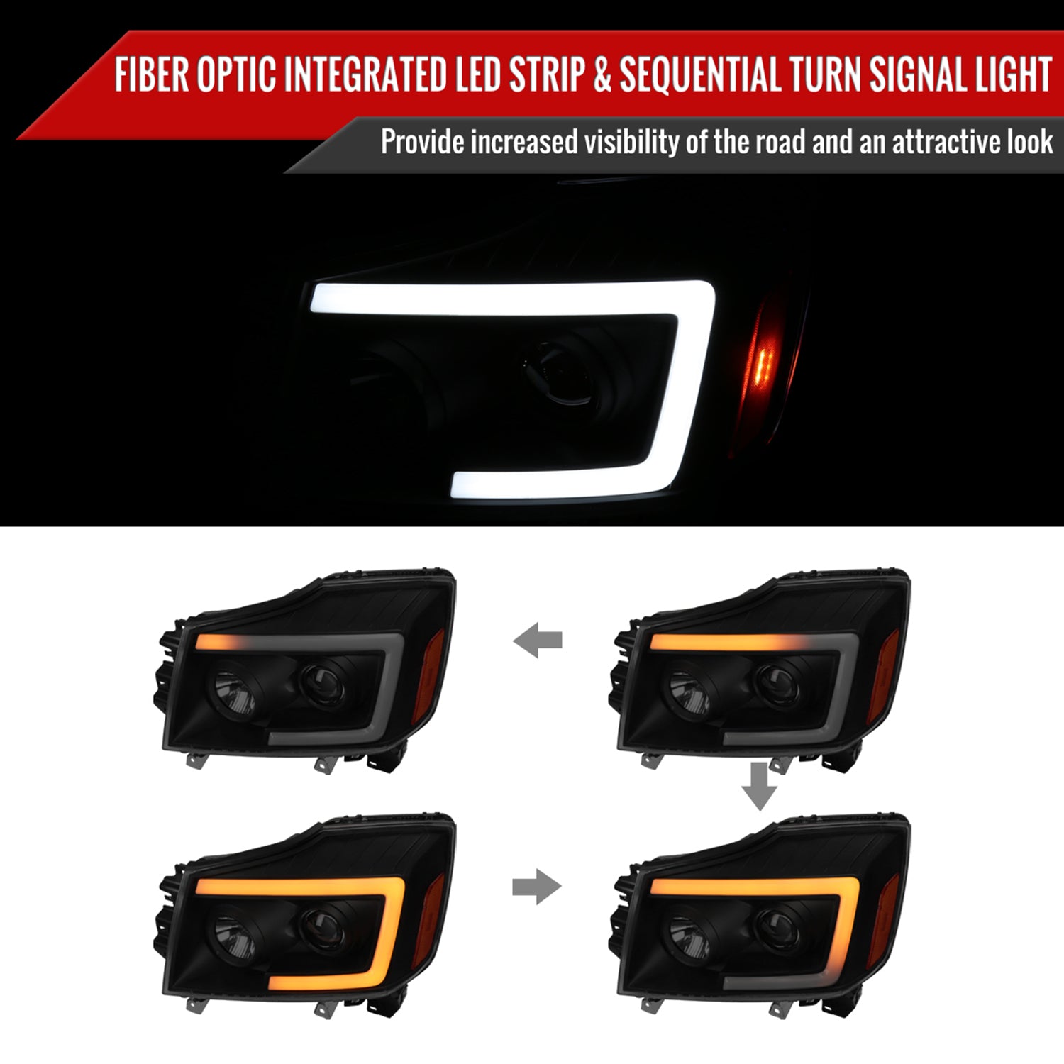 2004-2015 Nissan Titan/ 04-2007 Armada LED C-Bar Headlights Signal Black