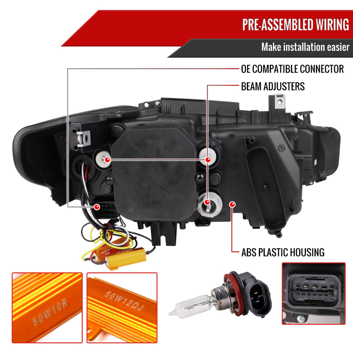 2012-2015 BMW F30 3 Series Sedan Dual U-Bar Headlights LED Signal Lights Black