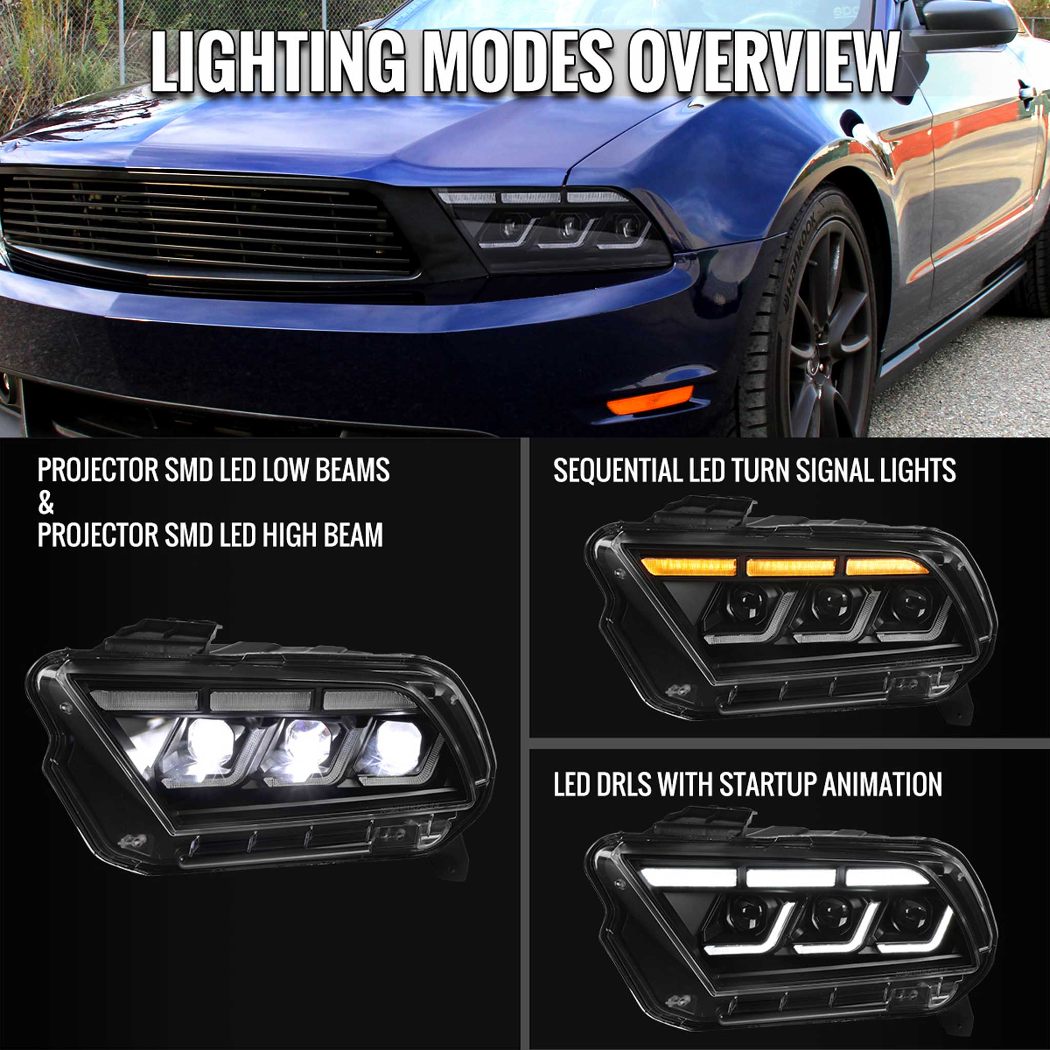 For Ford Mustang 2010-2014 Full LED Projector Headlights Sequential DRL Matte Black Clear Lens