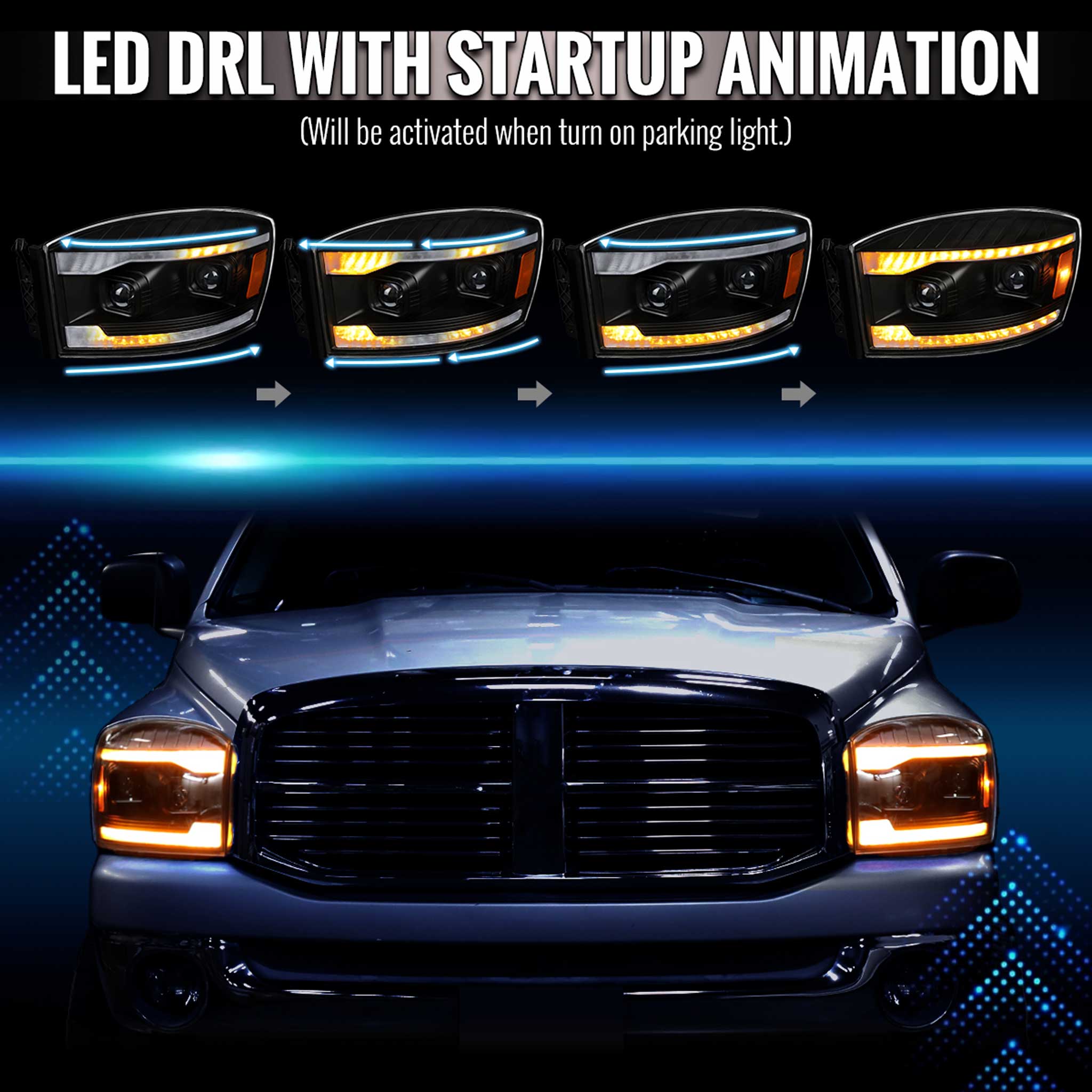 For Dodge RAM 1500 2006-08 / RAM 2500 3500 2006-09 Headlights Switchback Amber LED Strips Turn Signals DRL Black Housing Clear Lens