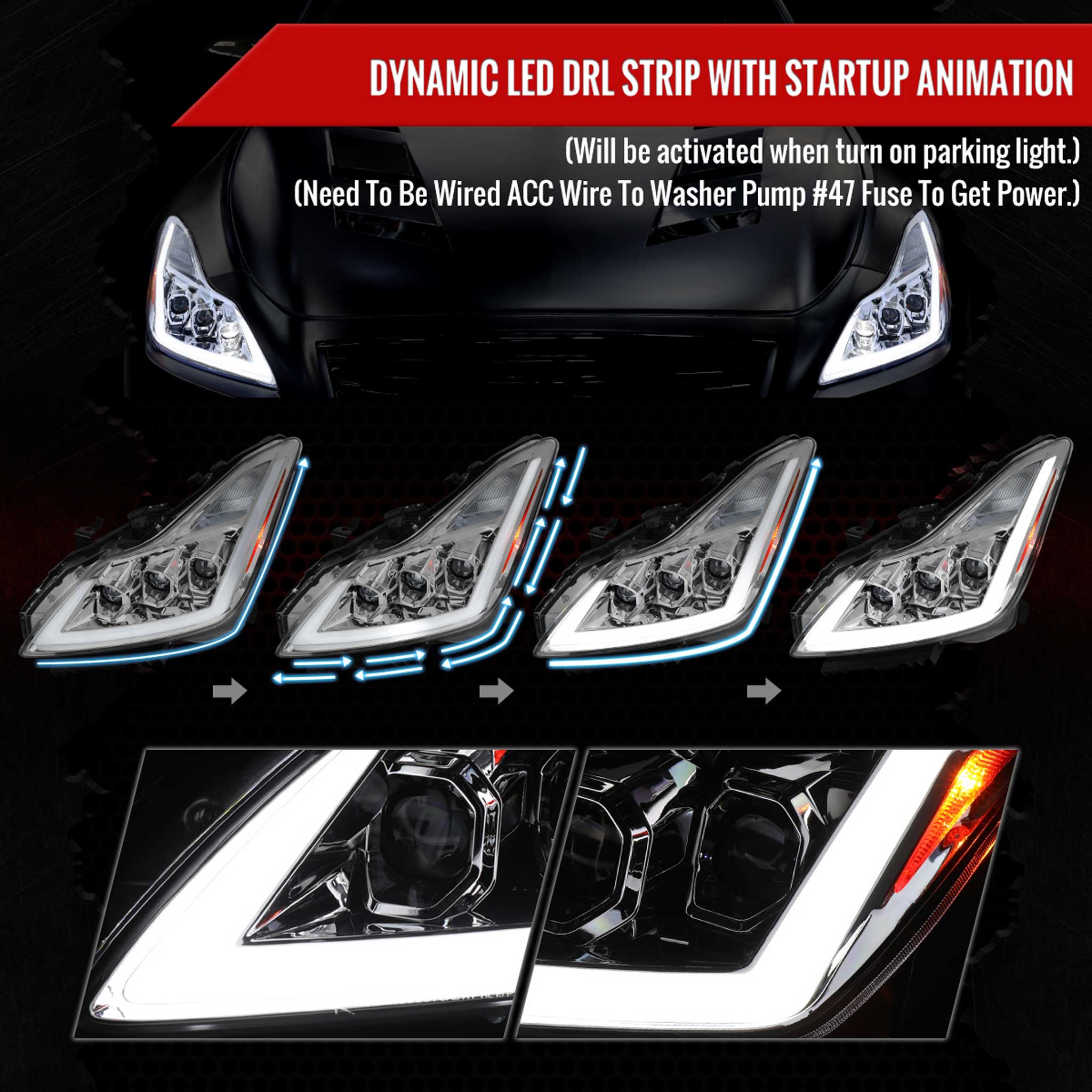For Infiniti G37 2008-13 / Q60 Coupe 2014-15 LED Triple Projector Headlights Sequential Chrome Housing Clear Lens Switchback