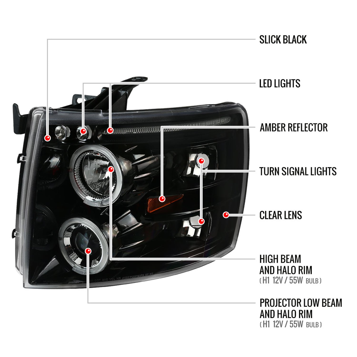 2007-2013 Chevy Silverado 1500 2500HD 3500HD Dual Halo Headlights Jet Black