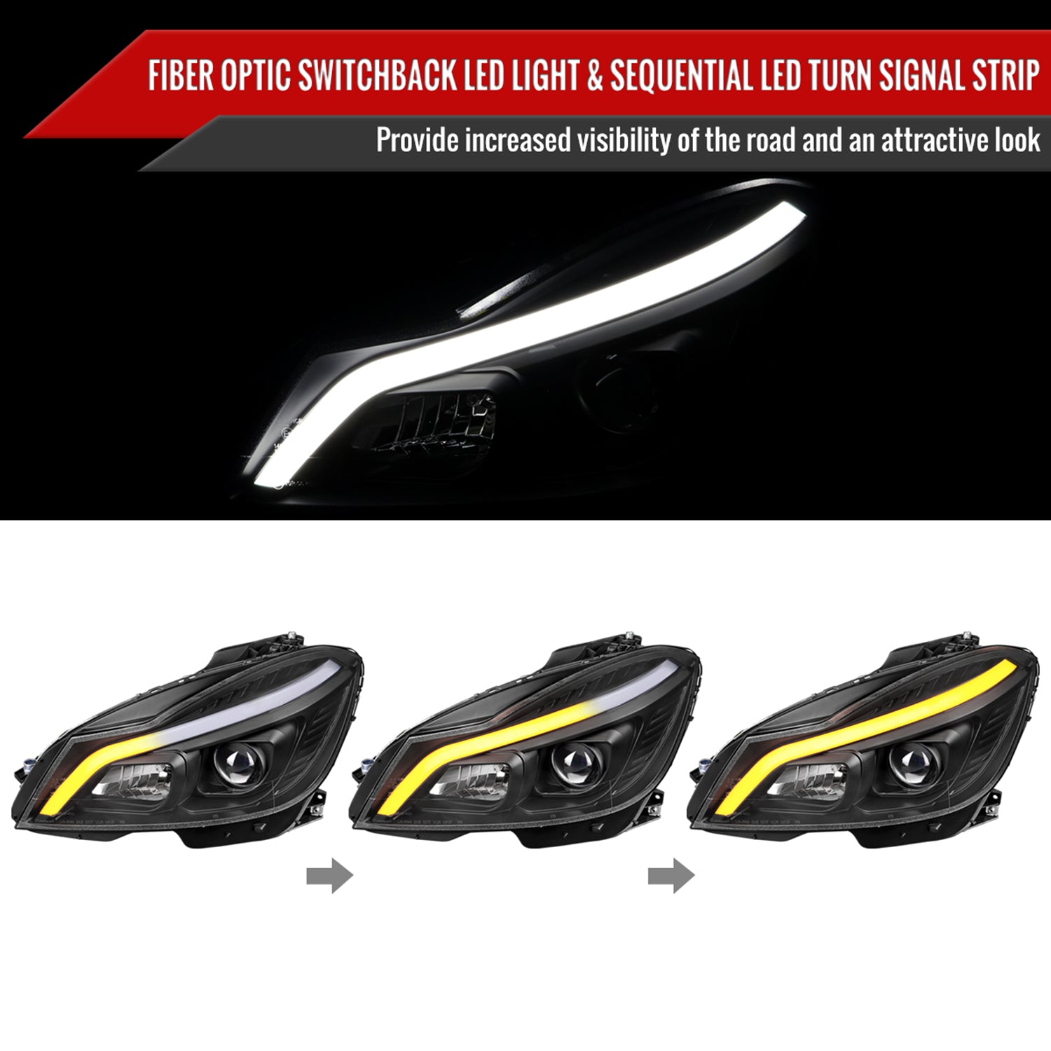 2012-2014 Mercedes-Benz W204 C-Class LED Bar Projector Headlights Black