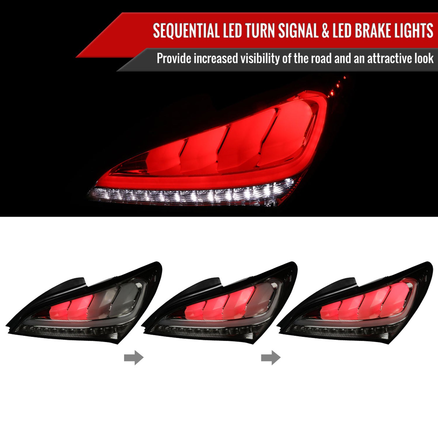 2010-2016 Hyundai Genesis Coupe White Bar LED Tail Lights Chrome/Smoke