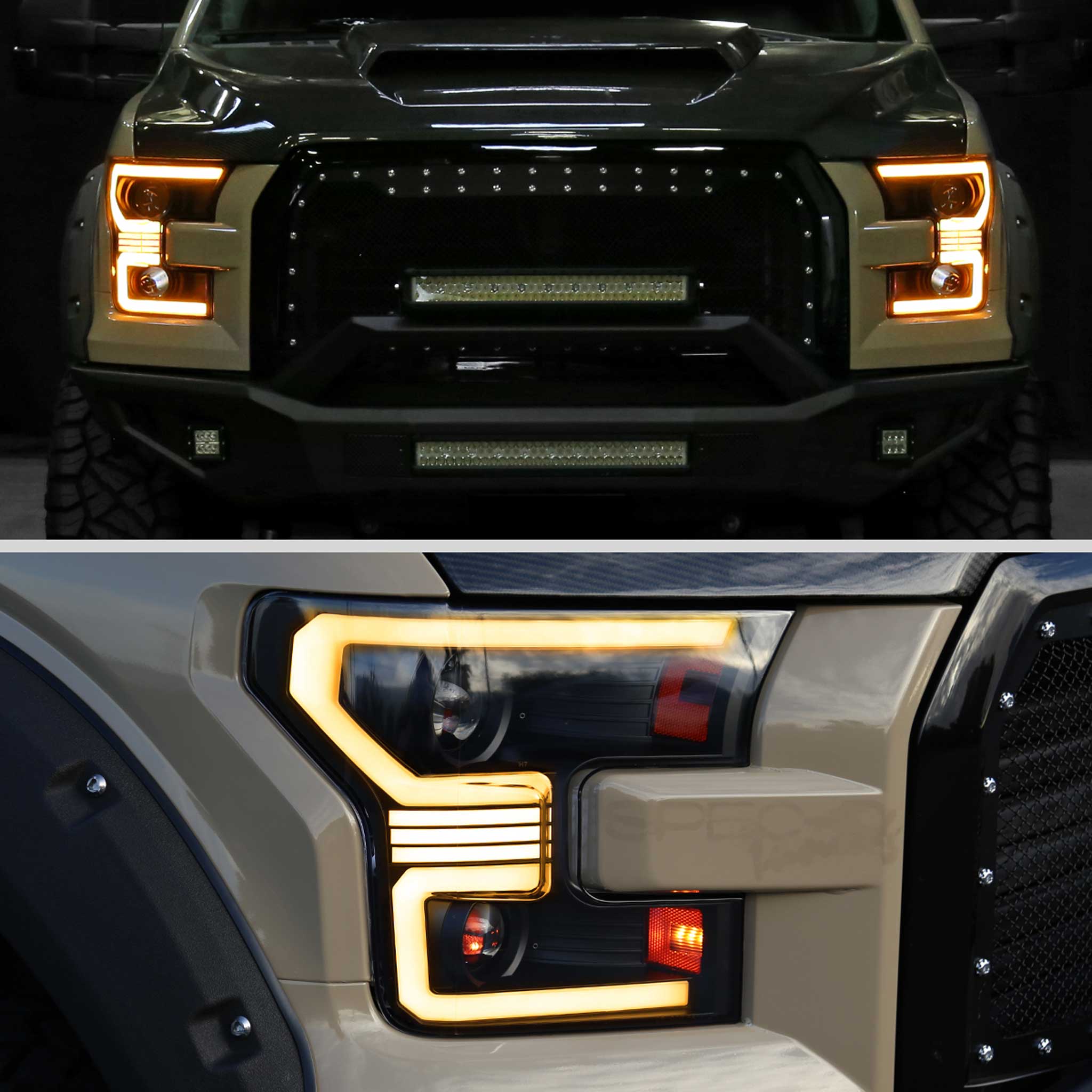For Ford F-150 2015-2017 LED Bar Headlights Turn Signals Amber LED Pulsing Glow Black Housing Clear Lens