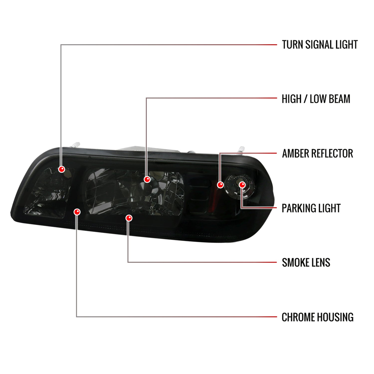 1987-1993 Ford Mustang Crystal Headlights Chrome Housing/Smoke Lens
