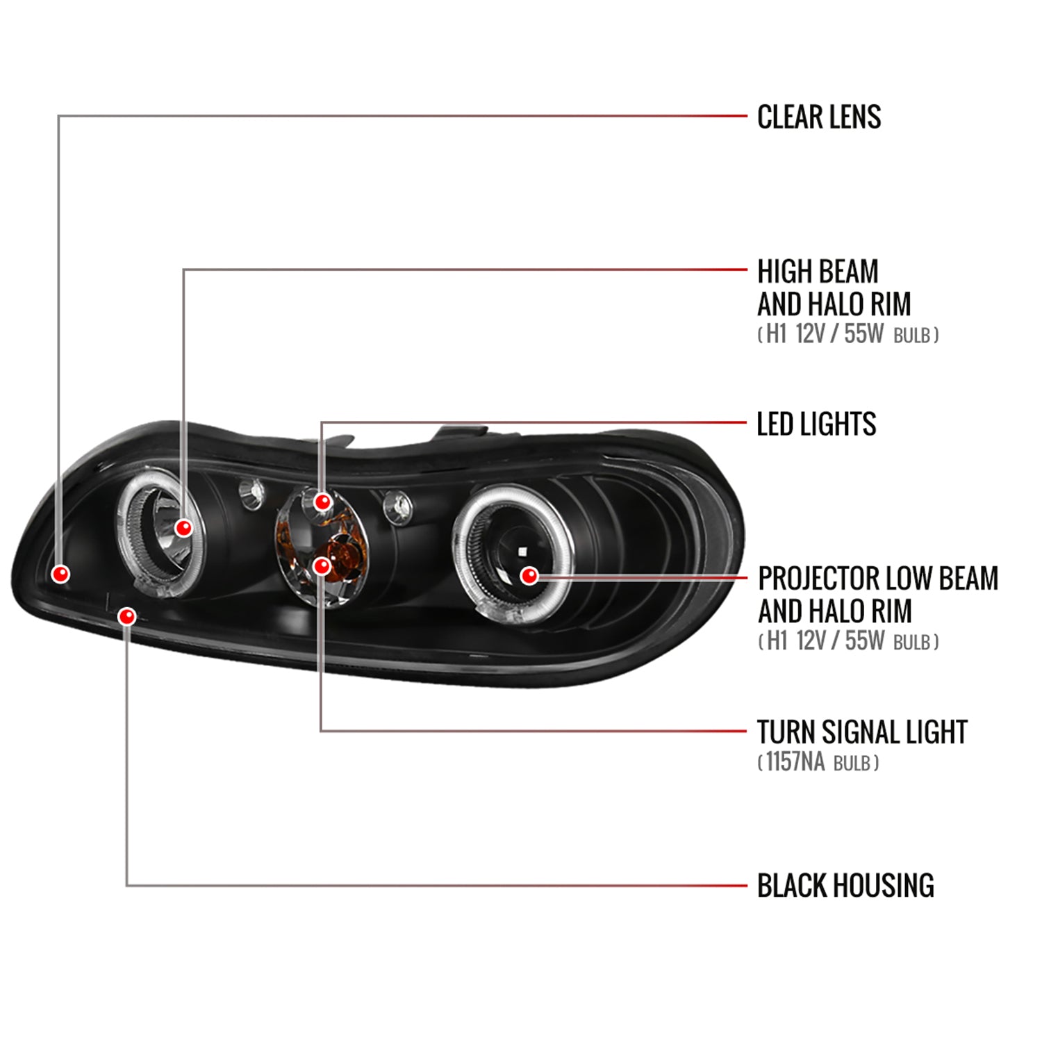 1997-2005 Chevy Malibu/Oldsmobile Cutlass Dual Halo Projector Headlights Black